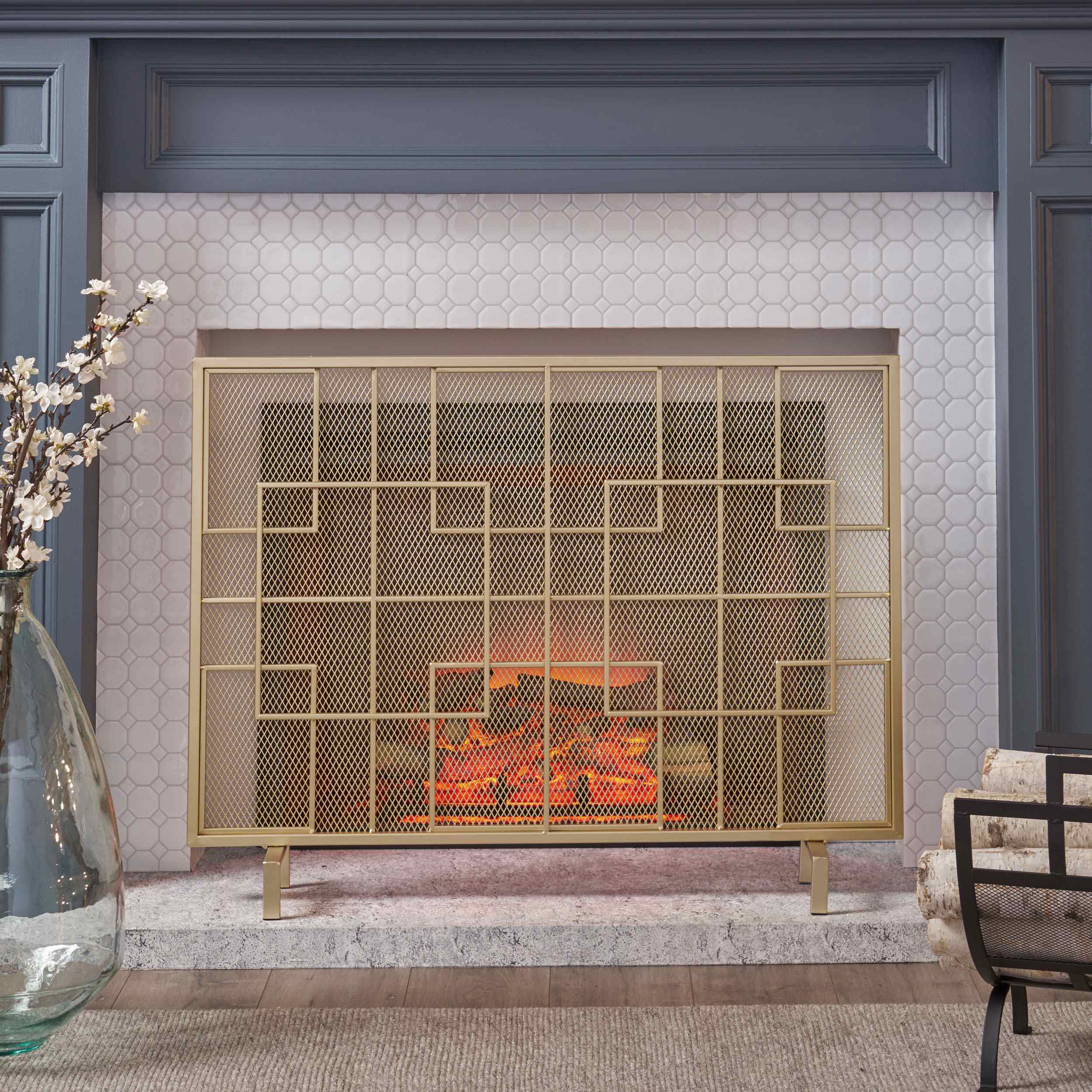 Modern Iron Fire Screen with Single Panel Design and Fine Mesh, Geometric Pattern, and Easy Assembly, 41" L x 8" W x 30.75" H, Gold