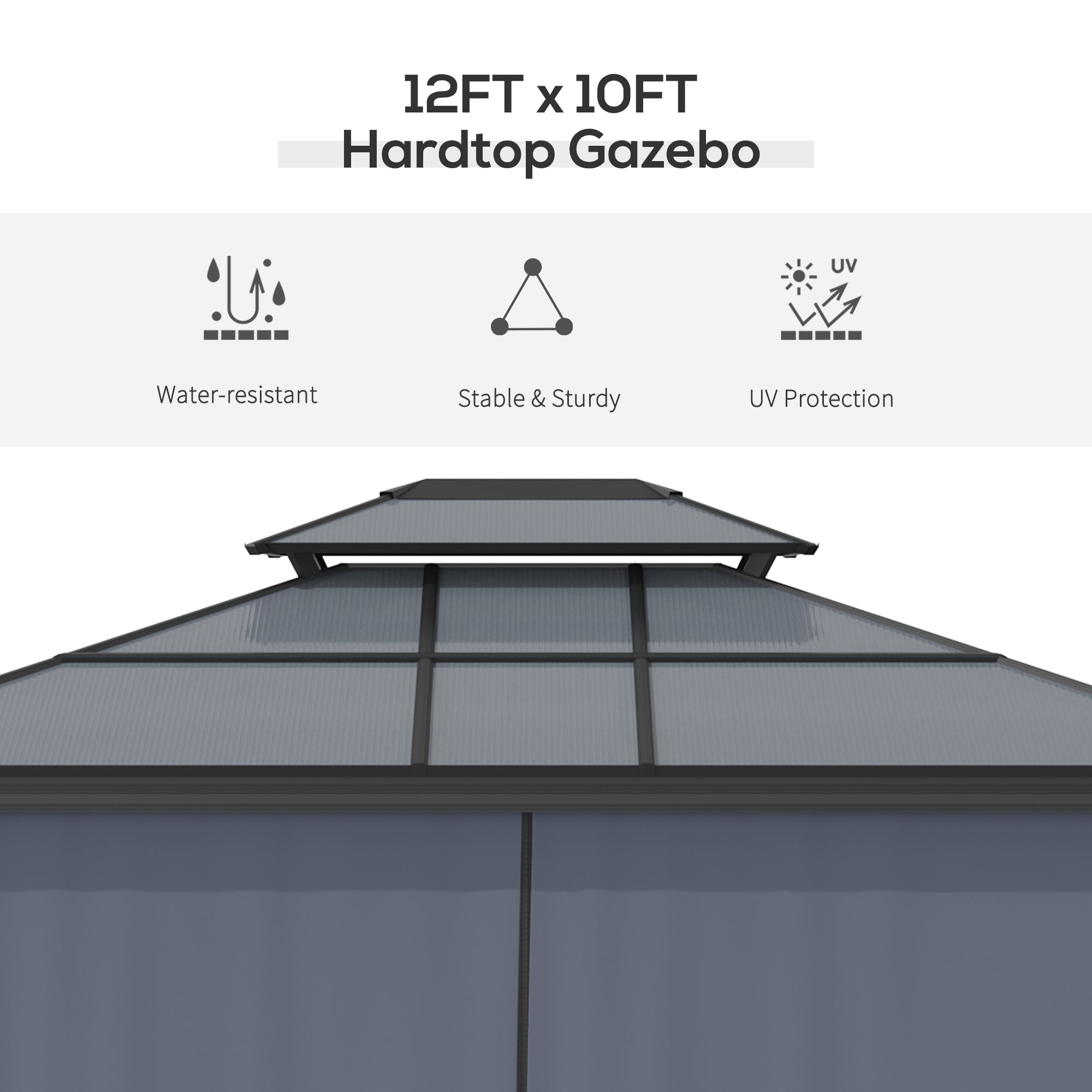 10' x 12' Hardtop Gazebo Canopy with Polycarbonate Roof, Aluminum Frame, Permanent Pavilion Outdoor Gazebo with Netting, for Patio, Garden, Backyard, Deck, Lawn, Black