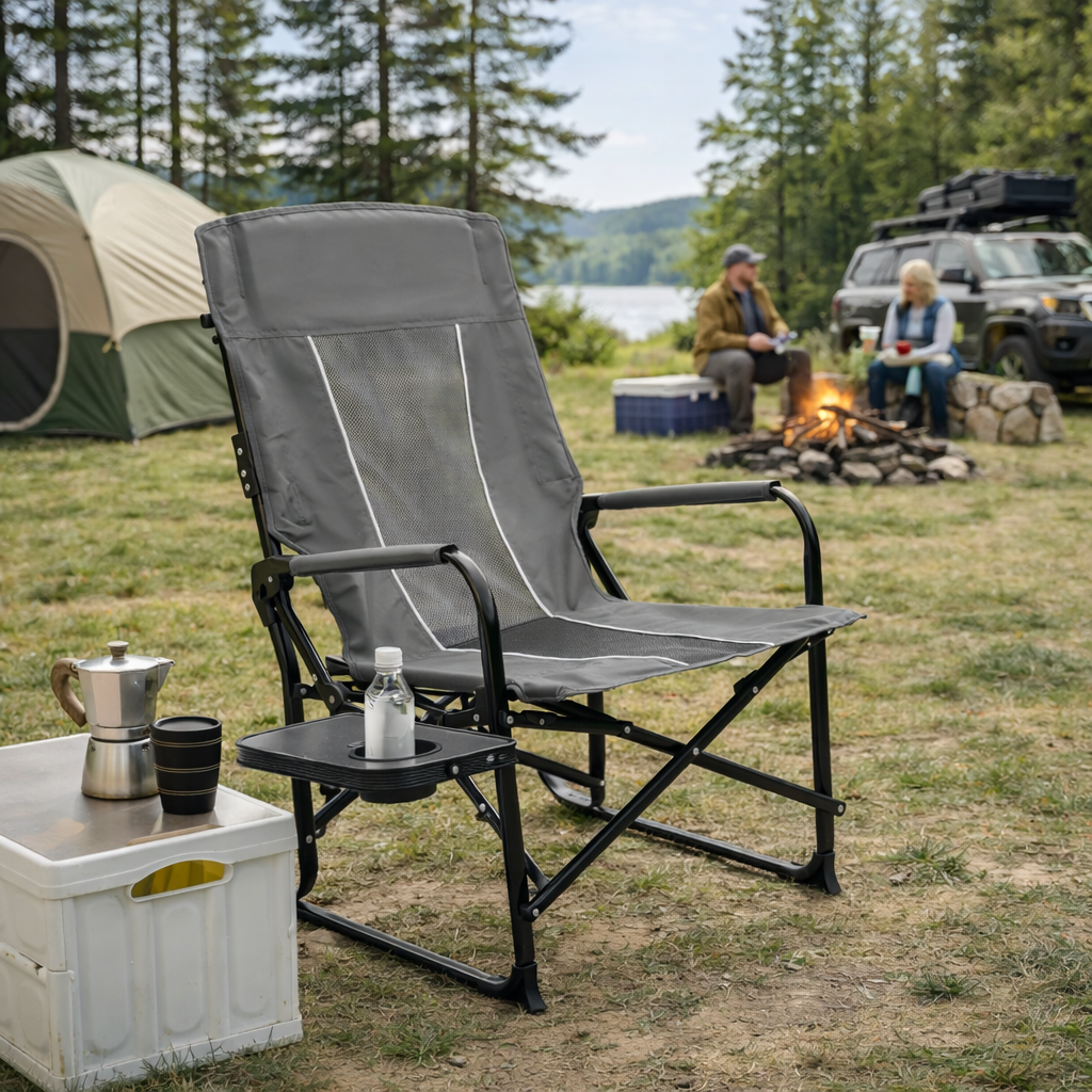 Camping Director's Chair with Side Table and Pocket, Steel Frame, Heavy Duty Oversized Portable Folding Chair, 25" L x 27.5" W x 43.5" H, Gray