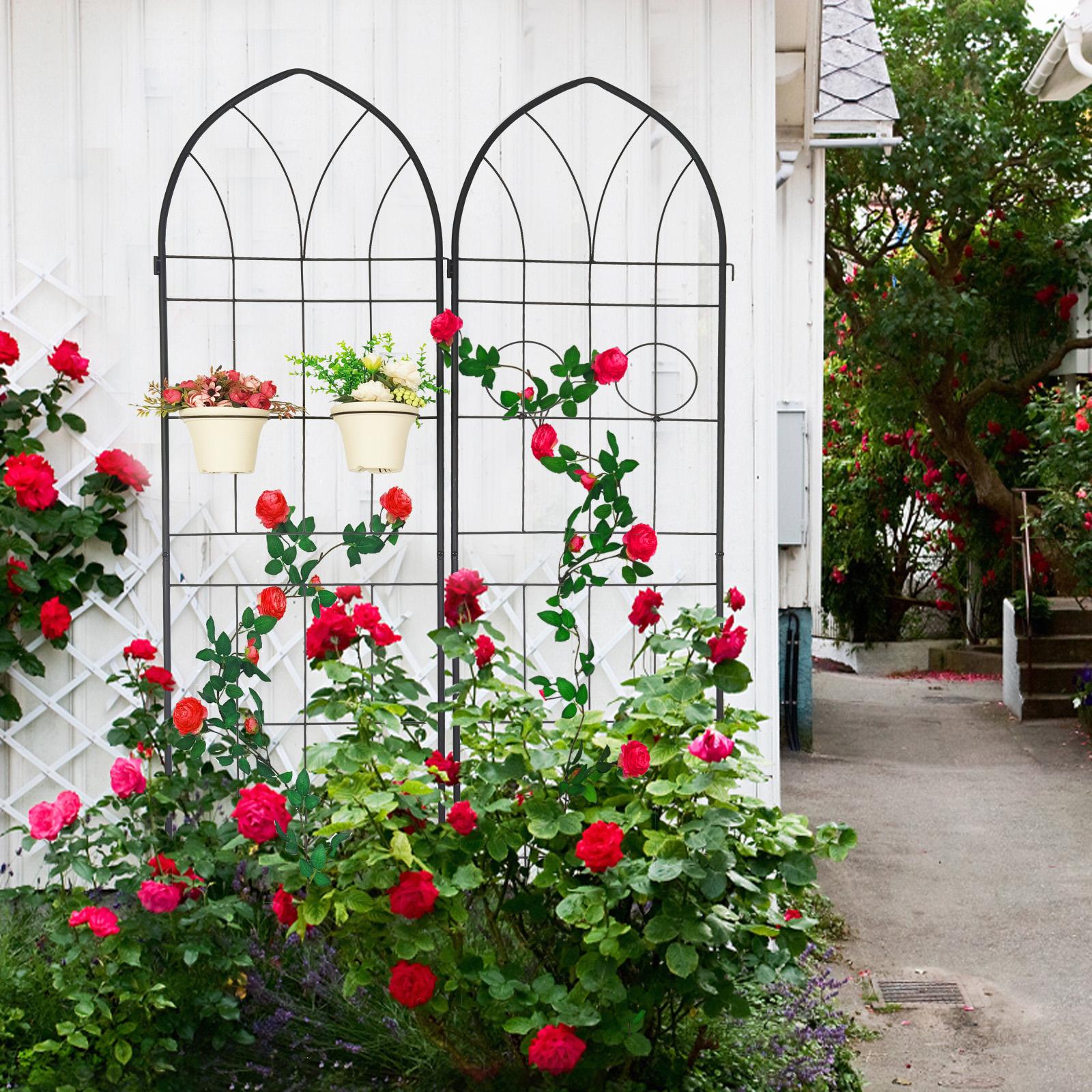 2 Pack Rustproof Metal Garden Trellis with 2 Pot Holders, Climbing Plant Support for Outdoor Flowers, 40" L x 79" H, Black