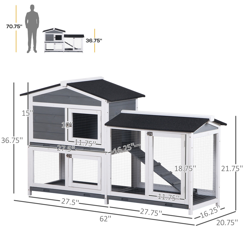 2-tier Indoor Rabbit Enclosure, Wood Hutch Backyard Small Animal House Ramp Outdoor Run Enclosed