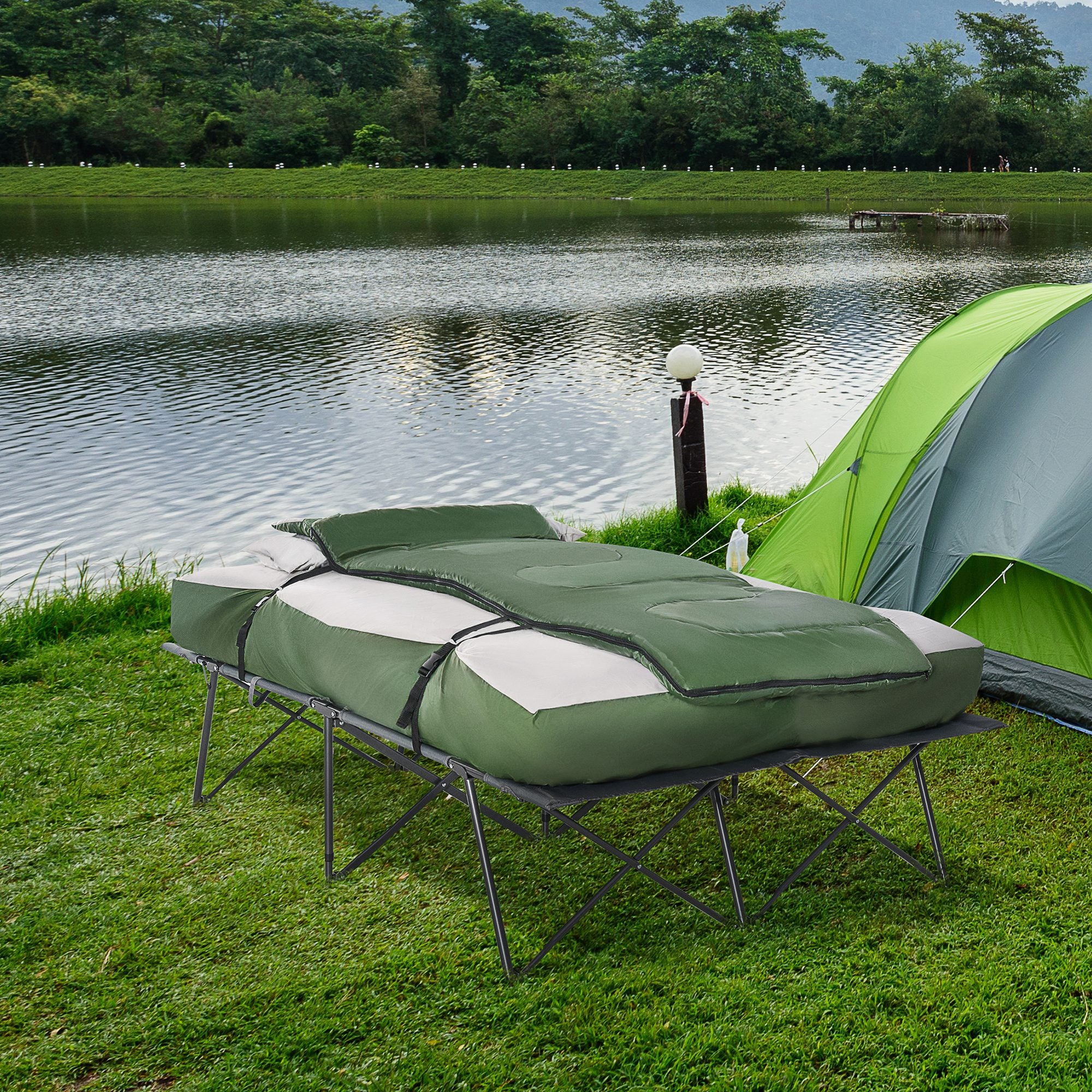 2-Person Folding Camping Cot Portable Outdoor Bed Set with Sleeping Bag, Inflatable Air Mattress, Comfort Pillows and Carry Bag, Soft and Comfortable for Outdoor Travel Camp Beach Vacation