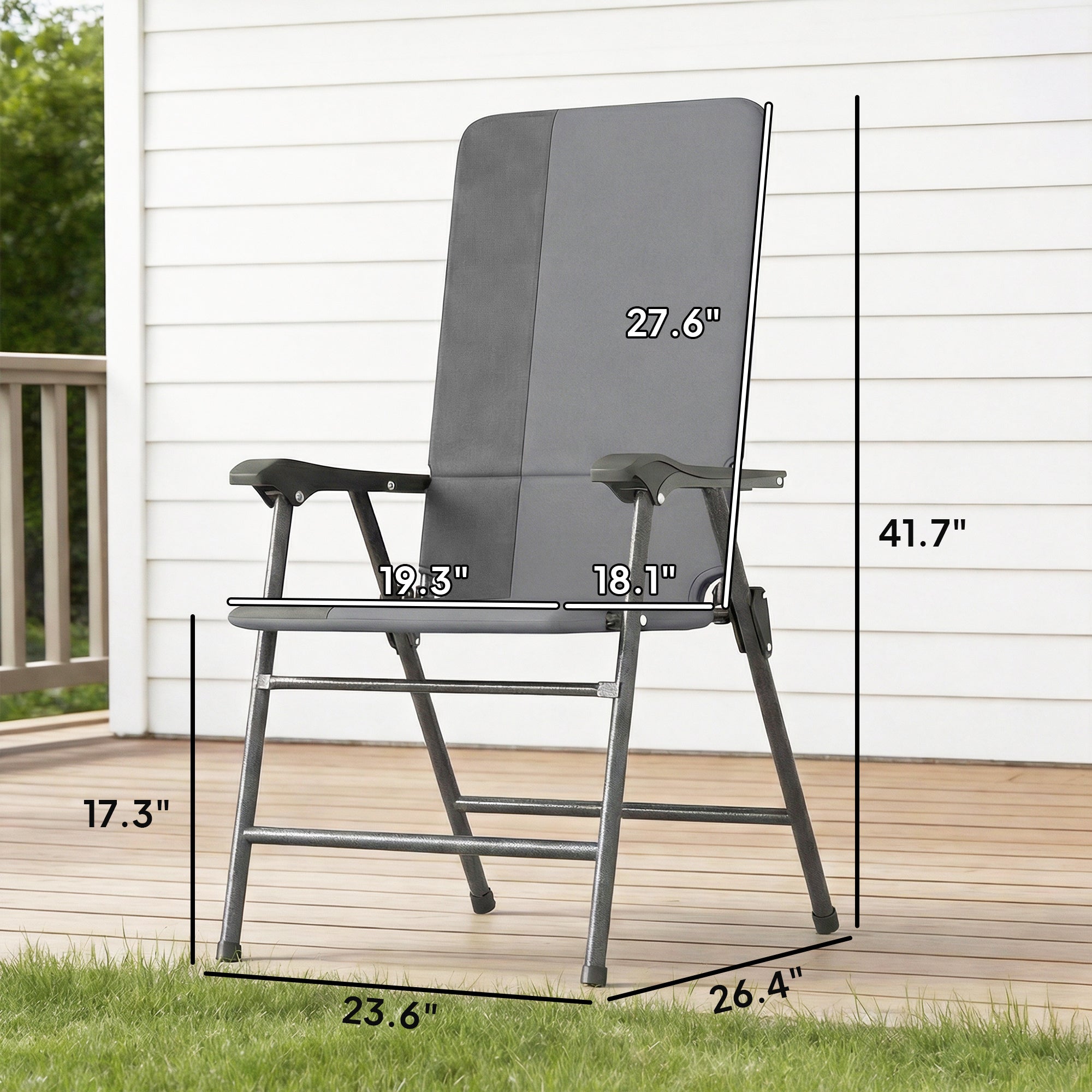Folding Patio Chairs Set of 2, Padded High Back Lawn Camping Chairs with Armrests, 600D Oxford Fabric, Light Gray