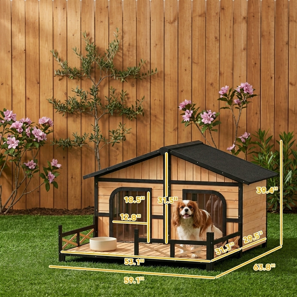 Dog House Outdoor, Wooden Dog Kennel Weatherproof with Porch, Openable Roof, Removable Bottom, Elevated Floor, Double Room for 2 Small to Medium Breeds, Natural