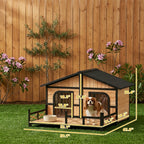 Dog House Outdoor, Wooden Dog Kennel Weatherproof with Porch, Openable Roof, Removable Bottom, Elevated Floor, Double Room for 2 Small to Medium Breeds, Natural