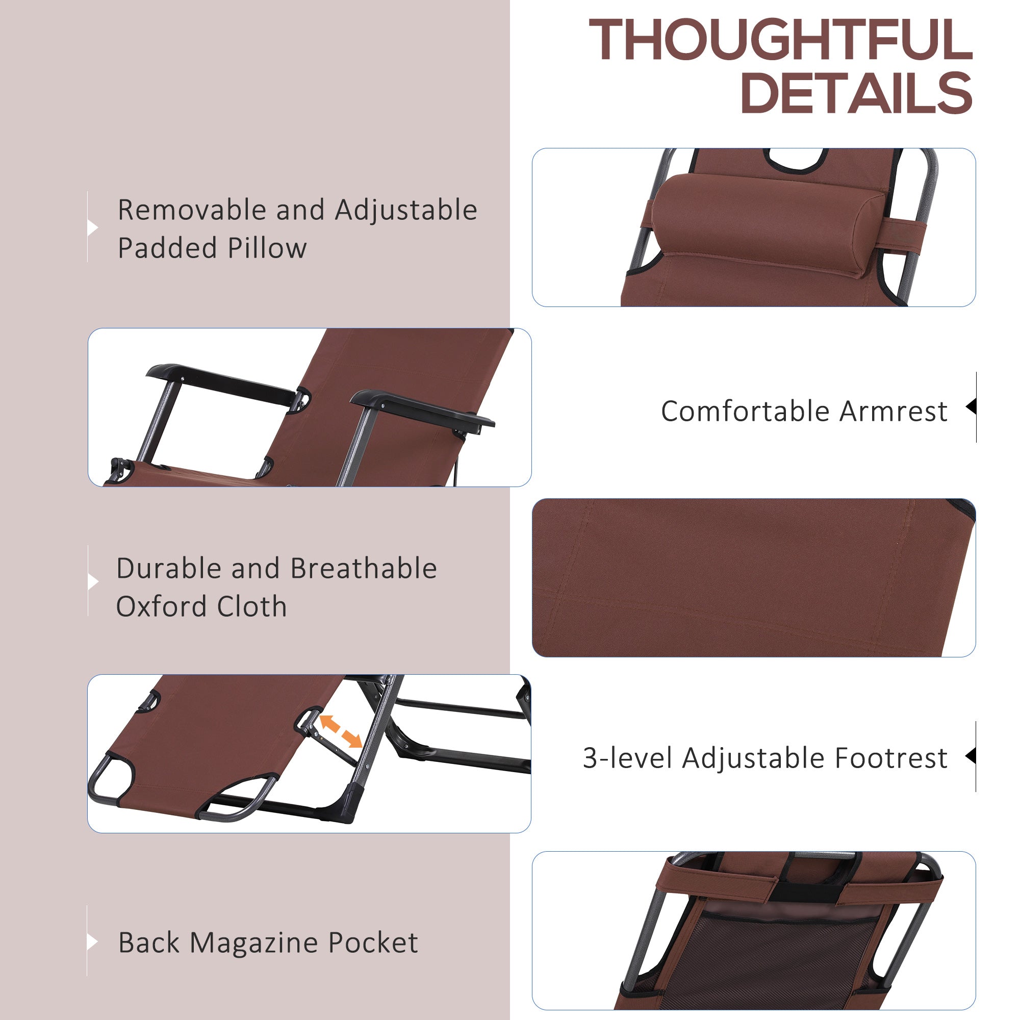 Oxford Fabric Metal Frame Outdoor Pool Sun Lounger Lounge Chair 120°/180°, Brown
