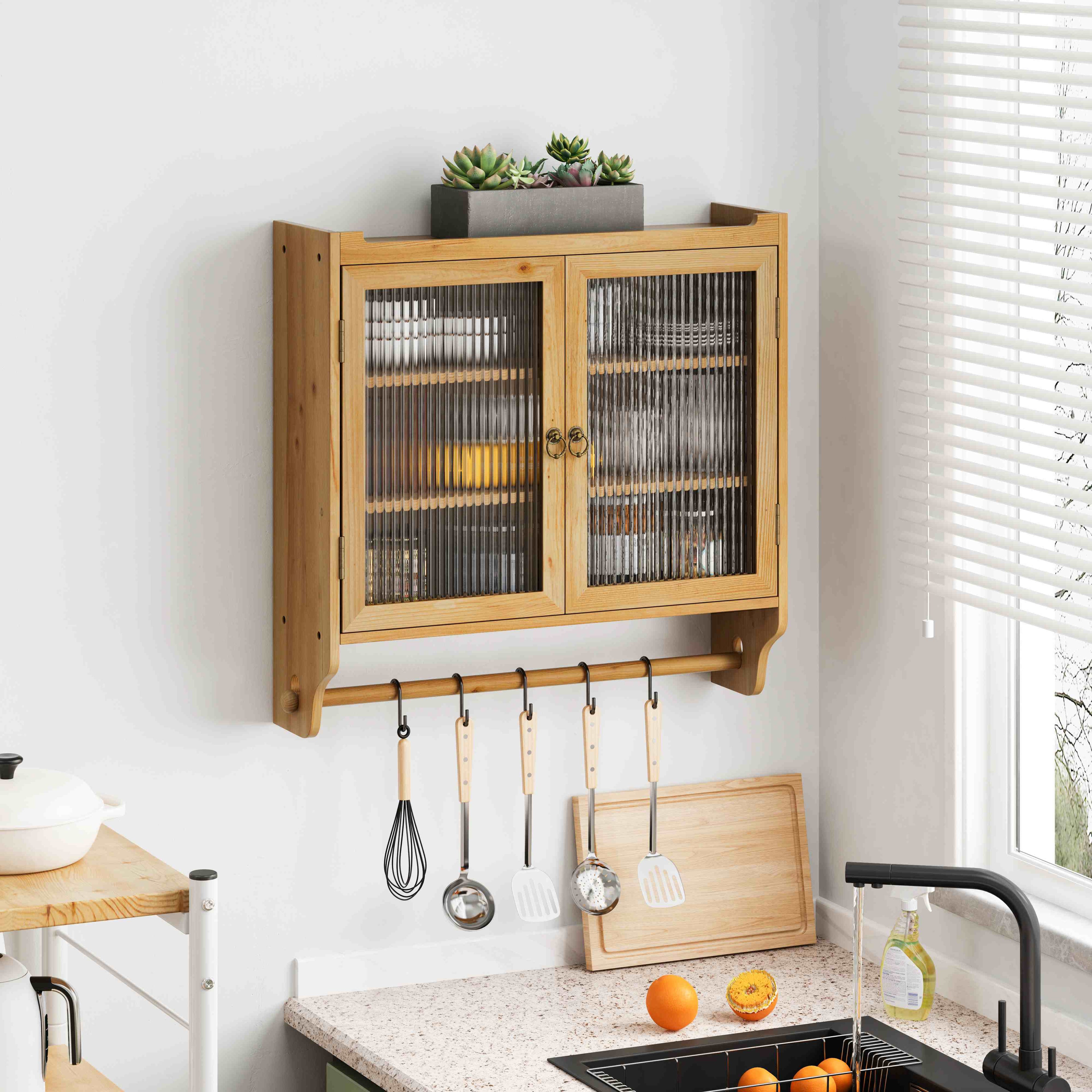 Vintage Double Door Wall Cabinet with Glass Doors, Three Tiers of Storage, and Towel Rack for Bathroom, Kitchen, Dining Room, 24.8", Natural