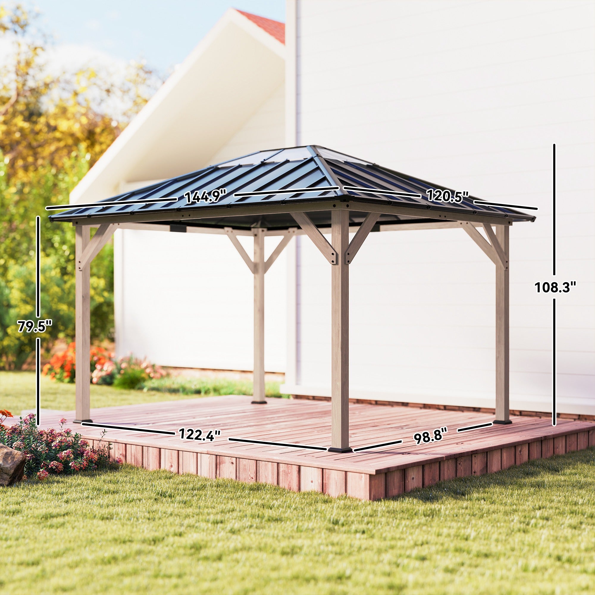 10' x 12' Hardtop Gazebo with Galvanized Steel Roof, UPF50+ Wood Permanent Pavilion with Clear Roof Top, Light Walnut
