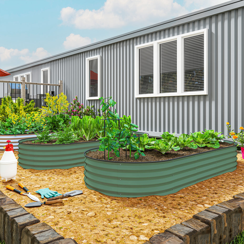 7' x 3' x 1' Raised Garden Bed Set, 2PCS Raised Beds for Gardening with Metal Plant Stakes, Green