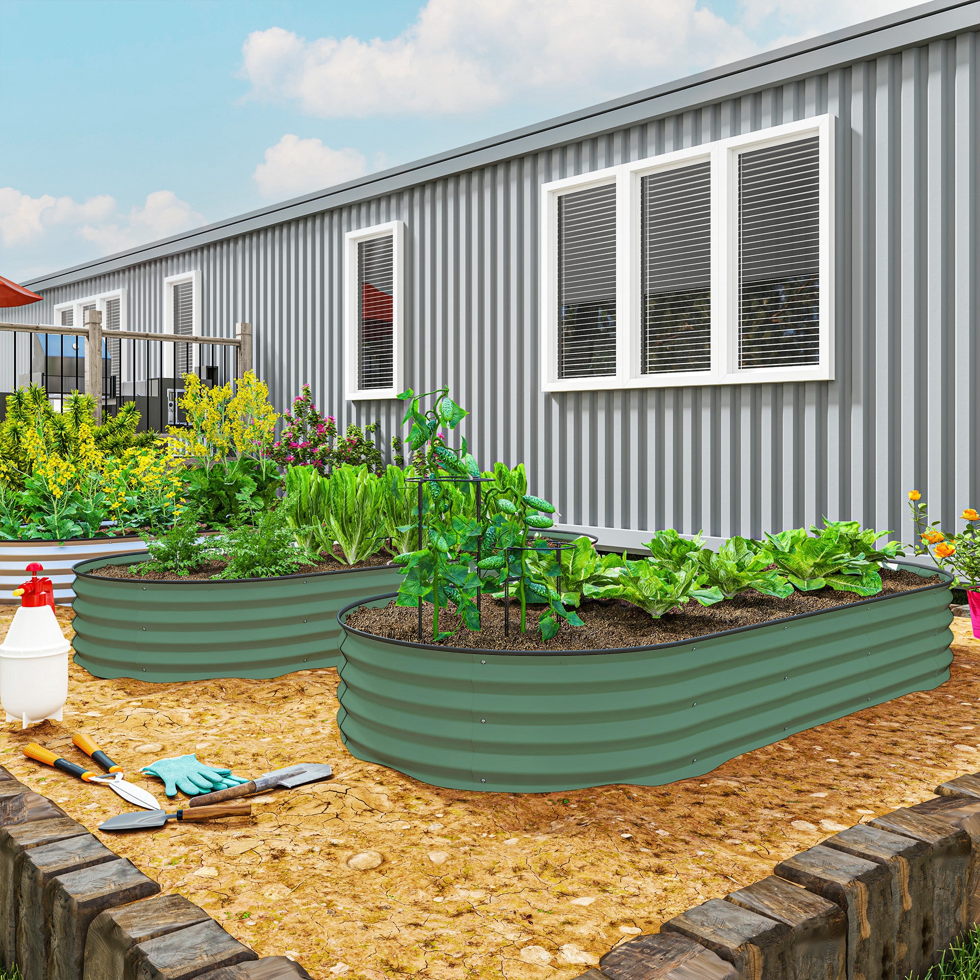 7' x 3' x 1' Raised Garden Bed Set, 2PCS Raised Beds for Gardening with Metal Plant Stakes, Green