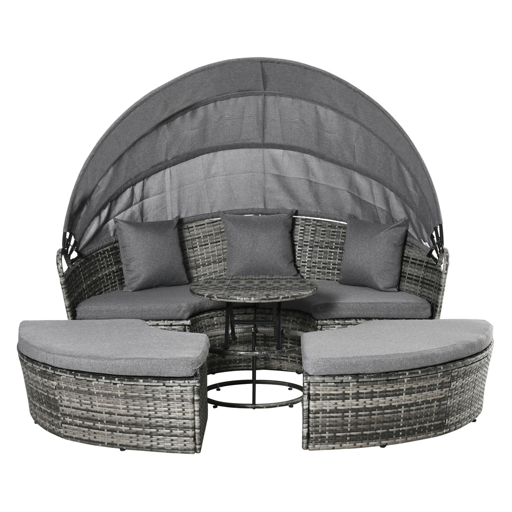4 Piece Round Rattan Daybed, Convertible Patio Furniture Set, Adjustable Sun Canopy, Sectional Outdoor Sofa, 2 Chairs, Extending Tea Table Ottoman Chair, 3 Pillows, Gray