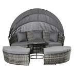 4 Piece Round Rattan Daybed, Convertible Patio Furniture Set, Adjustable Sun Canopy, Sectional Outdoor Sofa, 2 Chairs, Extending Tea Table Ottoman Chair, 3 Pillows, Gray