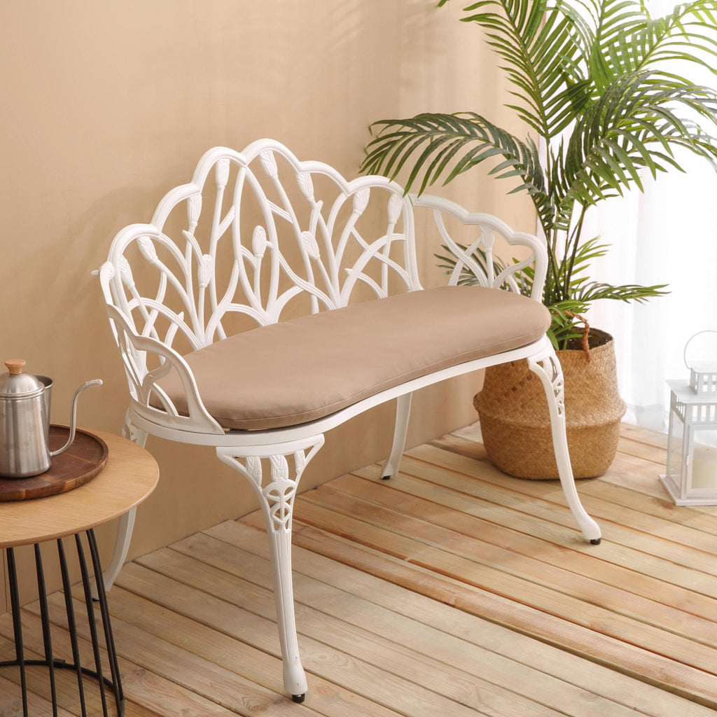 Patio Garden Bench with Floral Tulip Design, Cushion, Ergonomic Outdoor Park Bench with Cast Aluminum Frame, 39" L x 21.5" W x 31" H, White