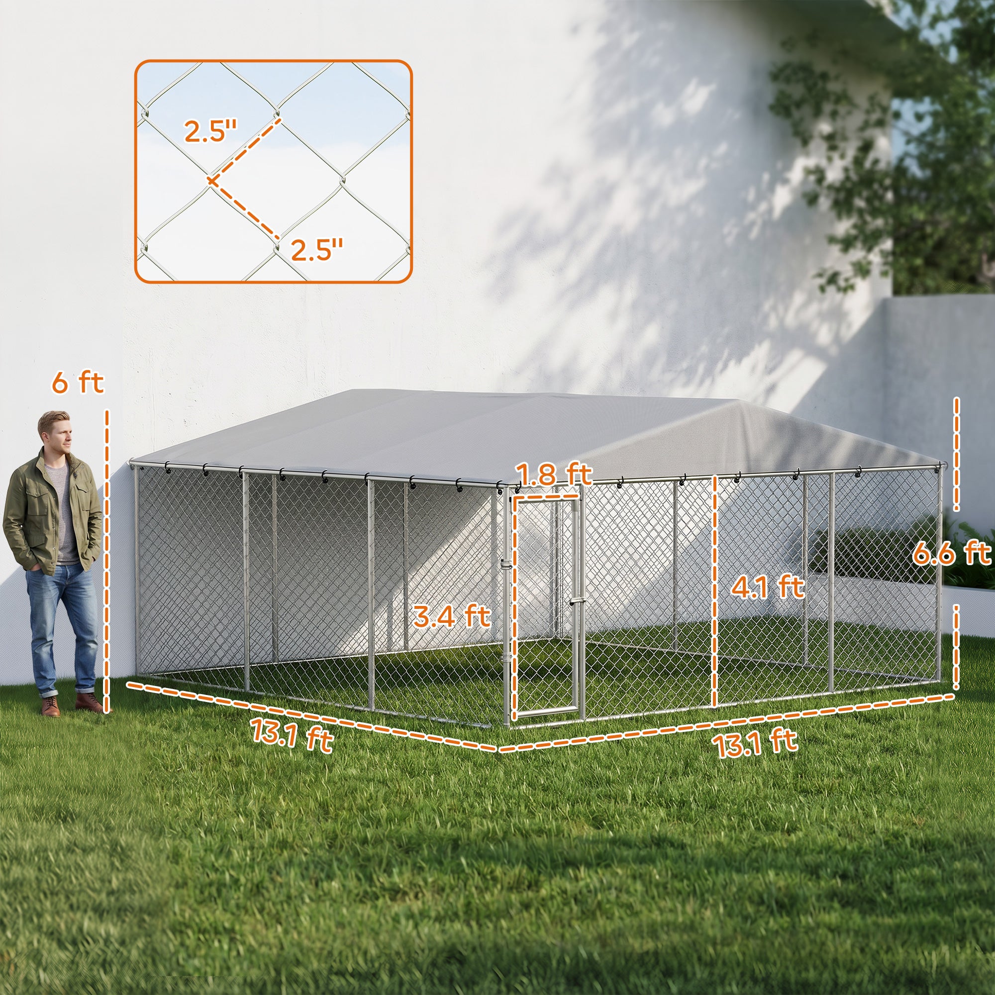 13' x 13' x 6.5' Dog Kennel Outdoor for Small Medium Dogs with Waterproof Roof, Silver