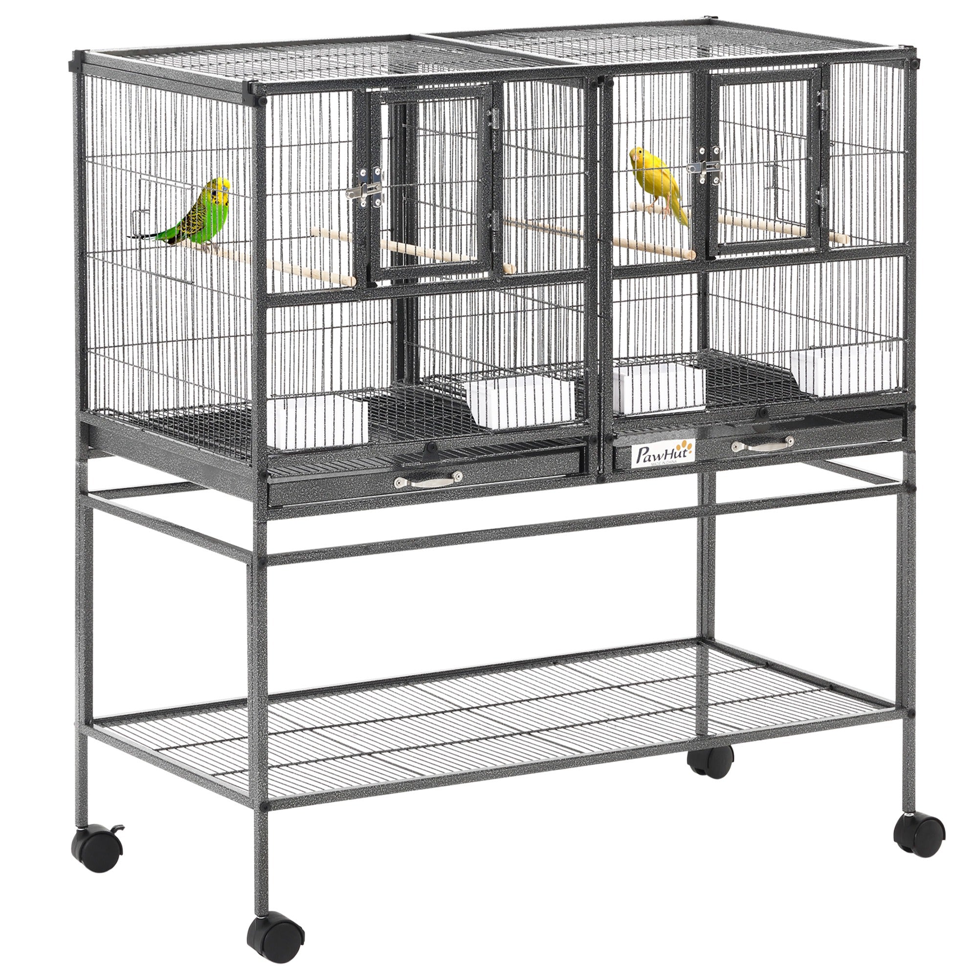 Divided Breeder Bird Cage with Rolling Stand Removable Metal Tray, Storage Shelf, Wood Perch, and Food Container