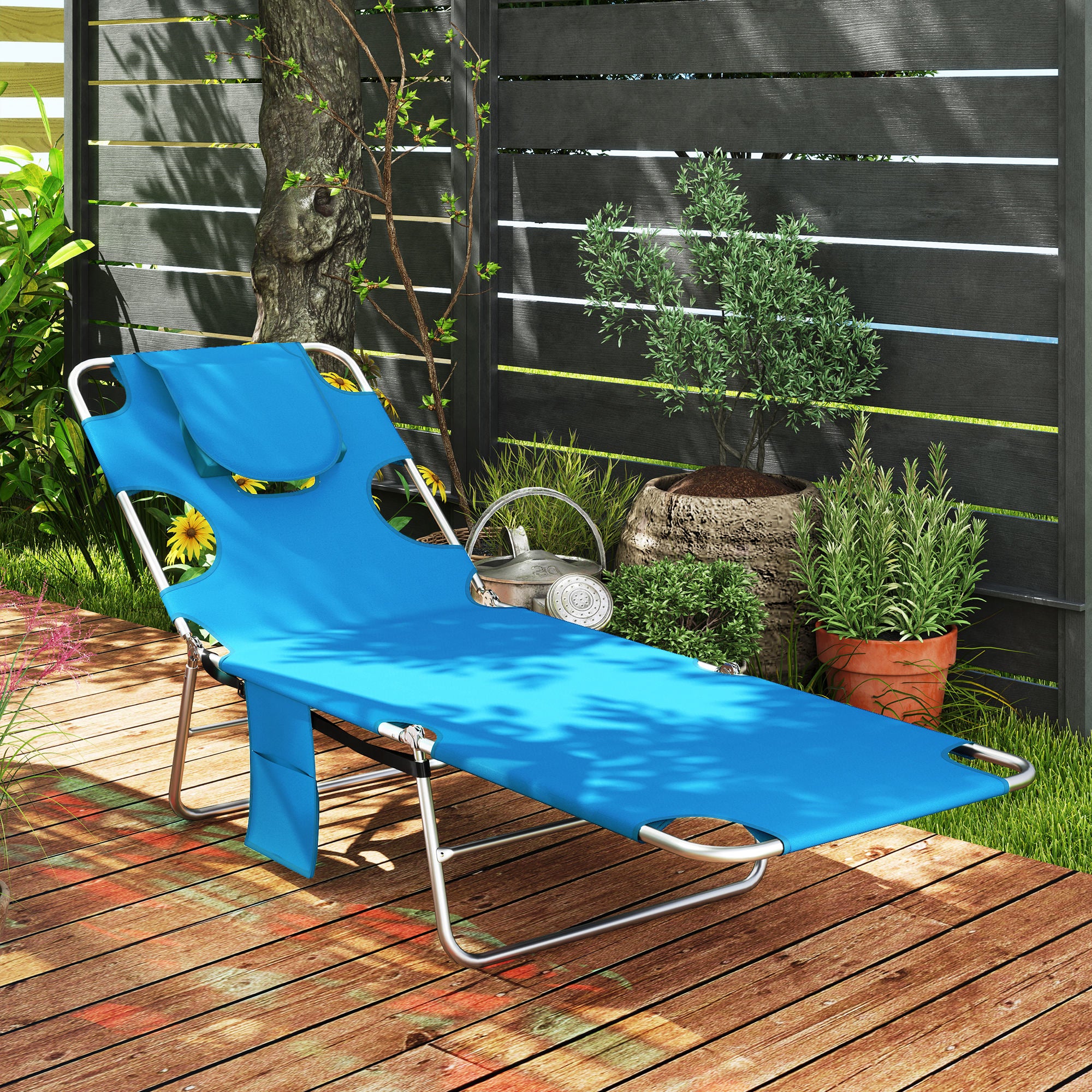 Tanning Chair with Face Hole, 5-Level Adjustable Outdoor Chaise Lounge Chair with Pillow for Beach, Pool, Light Blue