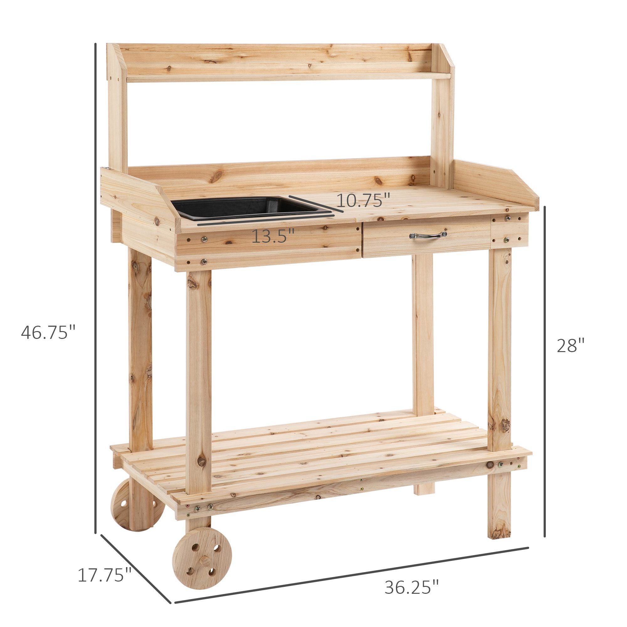 36" Wooden Potting Bench Work Table with 2 Removable Wheels, Garden Workstation with Removable Sink, Drawer & Large Storage Spaces, Natural
