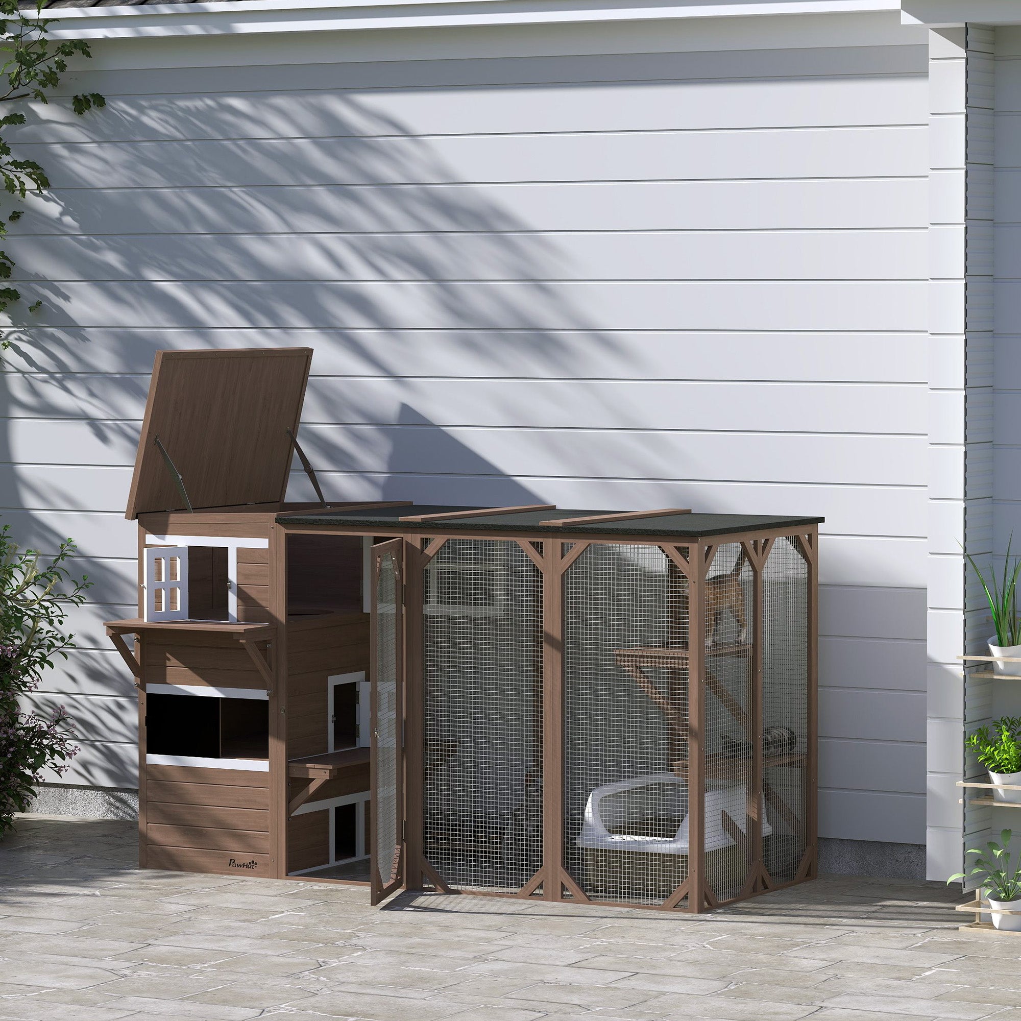 Large Outdoor Cat House for 3 Kitties, Multi-Level Design with Big Hiding Areas 2 Stories & Multiple Platforms Cat Condo