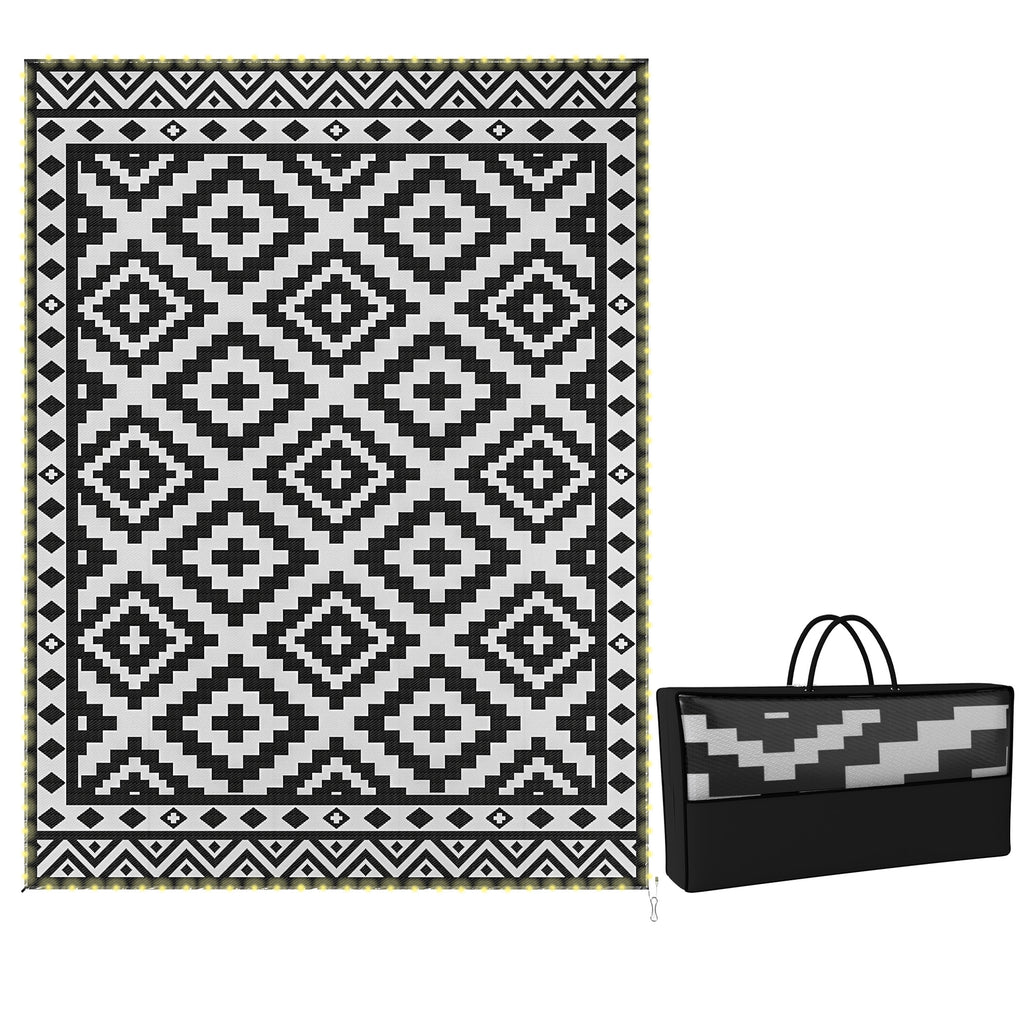 Outdoor Rug Carpet Reversible Plastic Straw Rug with LED Lights Black and White 12' x 9' for Patio