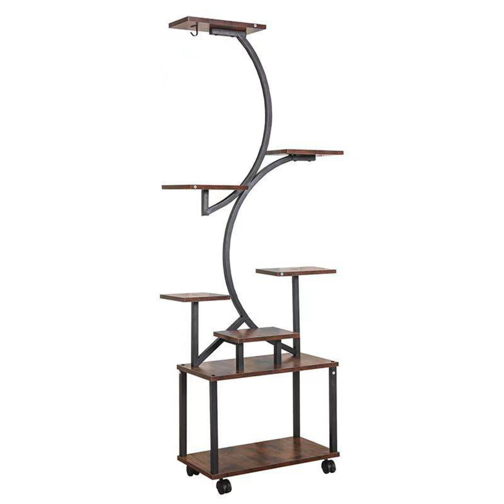 8-Tier Indoor Plant Stand with Grow Lights, Metal Plant Shelf, S-Shaped Design for Home and Patio, 19.5" L x 10" W x 61" H, Black+Dark Walnut
