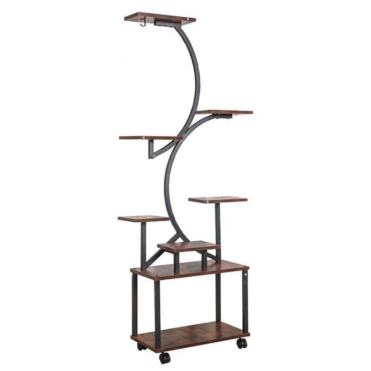 8-Tier Indoor Plant Stand with Grow Lights, Metal Plant Shelf, S-Shaped Design for Home and Patio, 19.5" L x 10" W x 61" H, Black+Dark Walnut
