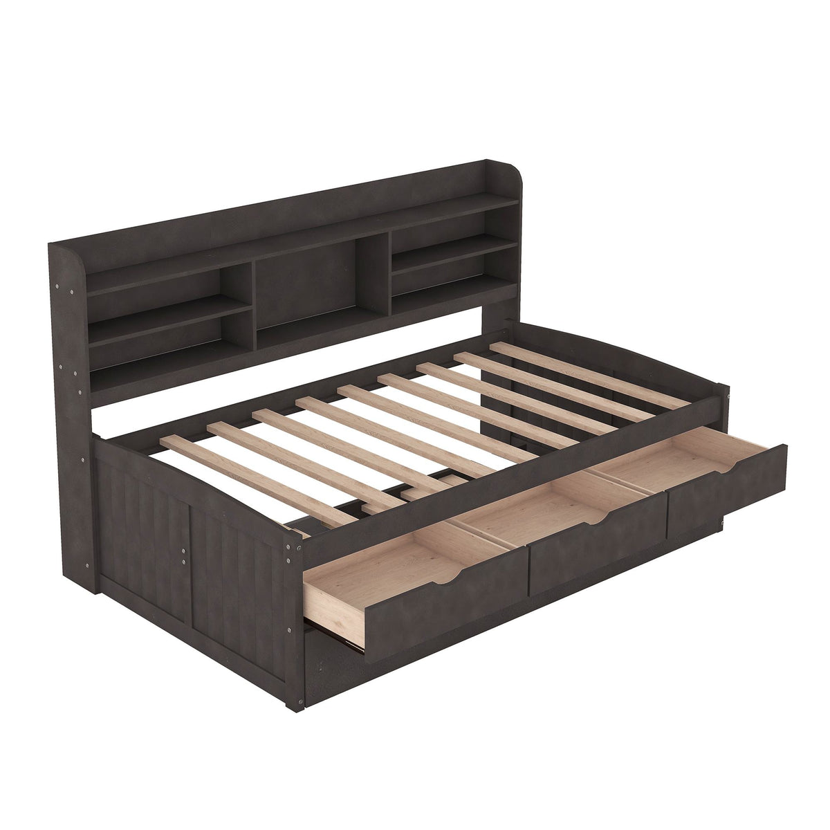 Classic Style Twin Size Wooden Captain Bed with Built-in Bookshelves, 3 Storage Drawers, and Trundle, 77.5" L x 88" W x 47" H, Antique Gray