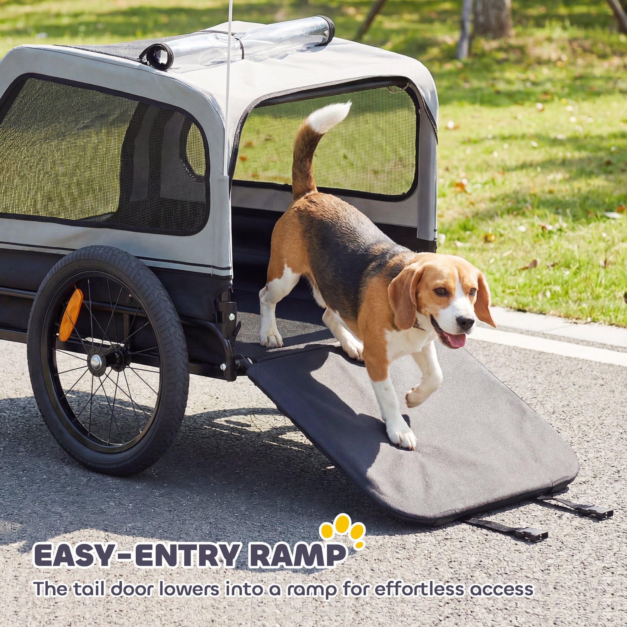 Dog Bike Trailer for Small & Medium Dogs, Universal Bicycle Coupler, Flip-Down Ramp Tailgate, Gray