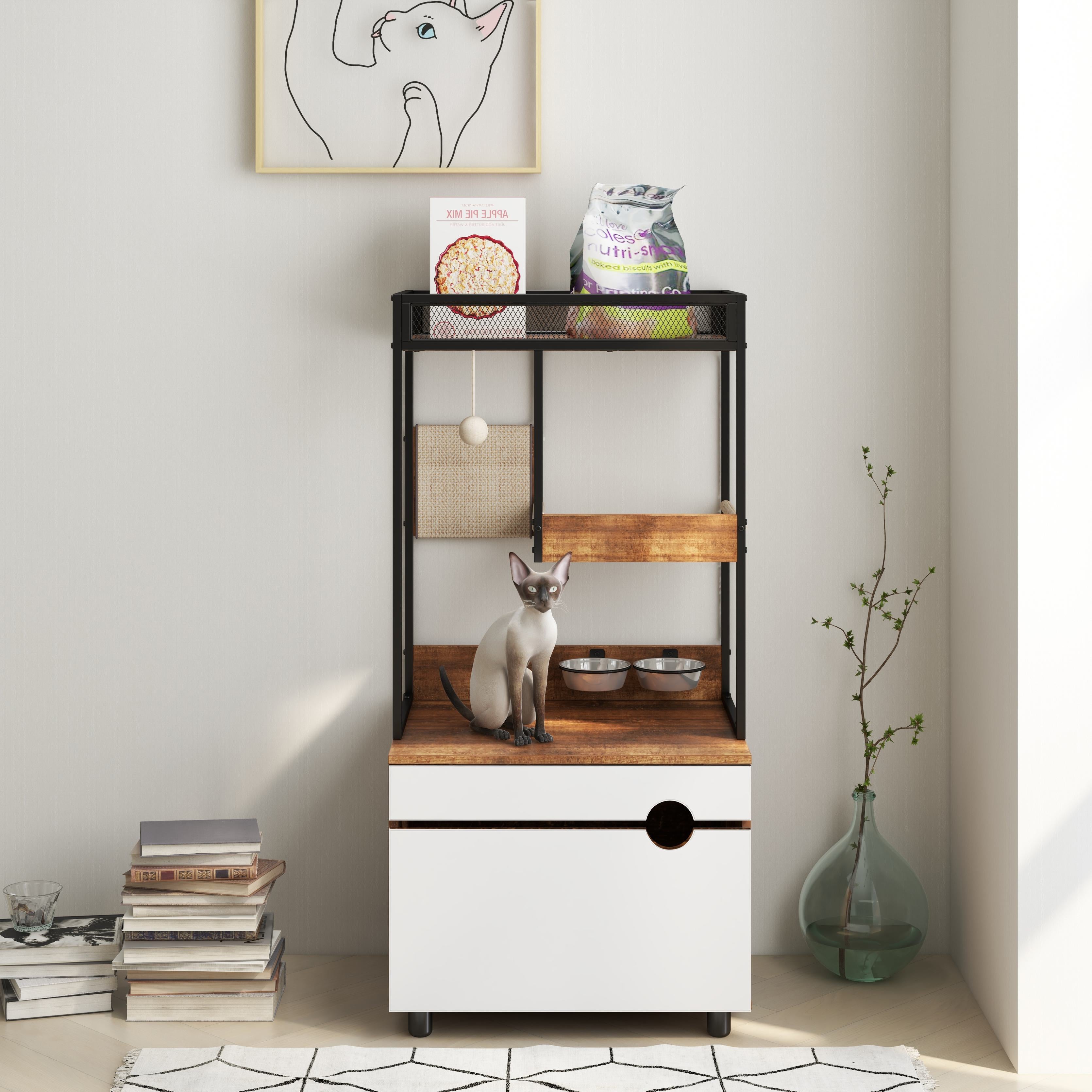 Cat Litter Box Enclosure with Cat Tree Tower, Multi-Functional Cat Furniture Cabinet, 23.5" L x 19" W x 48.5" H, White+Vintage