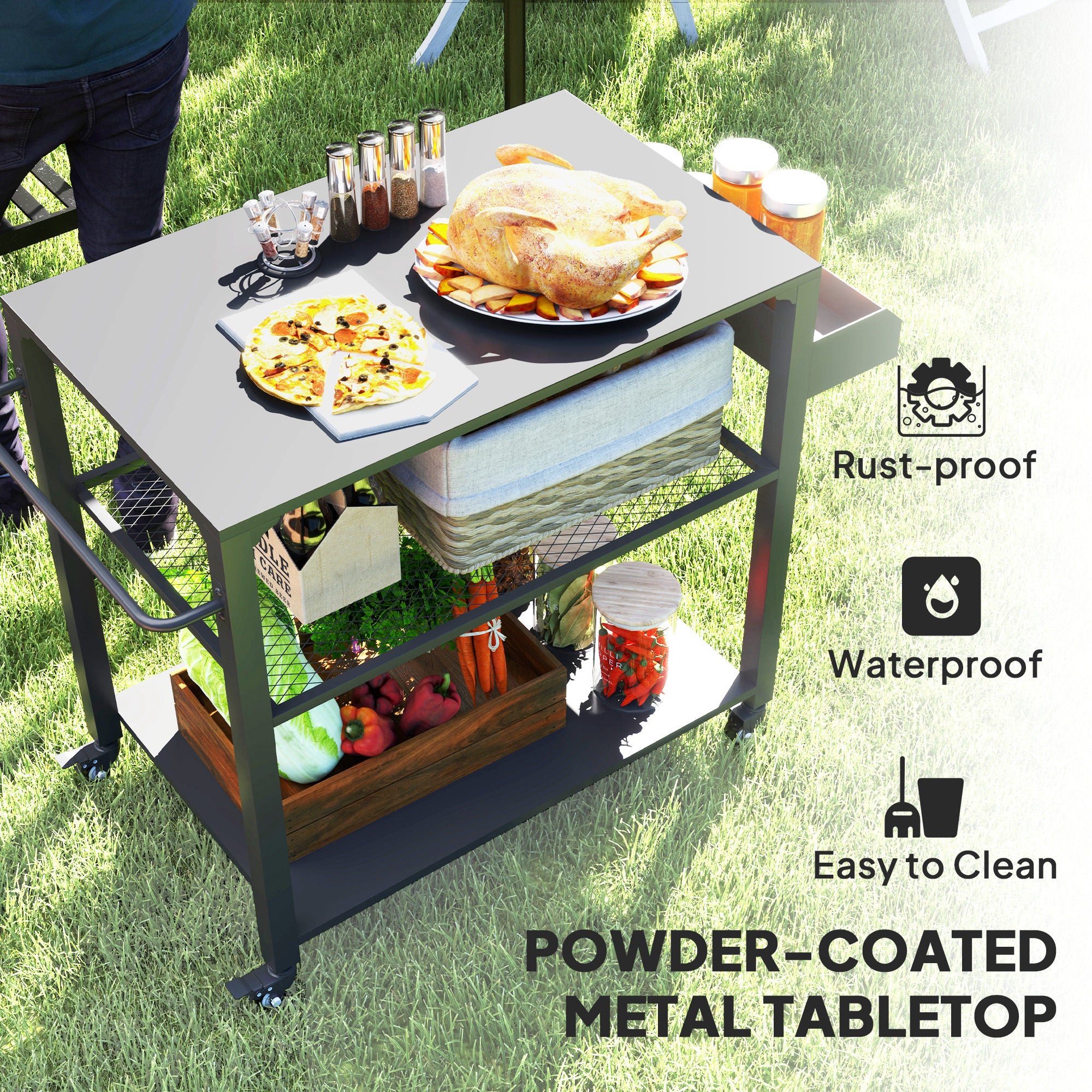 3-Tier Outdoor Grill Cart with Storage Racks, Side Handle, Movable Pizza Oven Table on Wheels