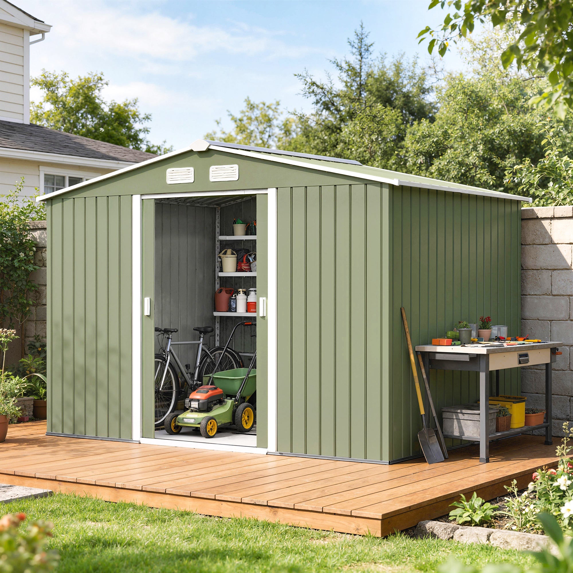 9' x 6' Outdoor Storage Shed, Garden Tool Metal Shed with Foundation Kit, Double Lockable Door, Air Vents and Sloping Roof, for Backyard, Patio, Lawn, Green