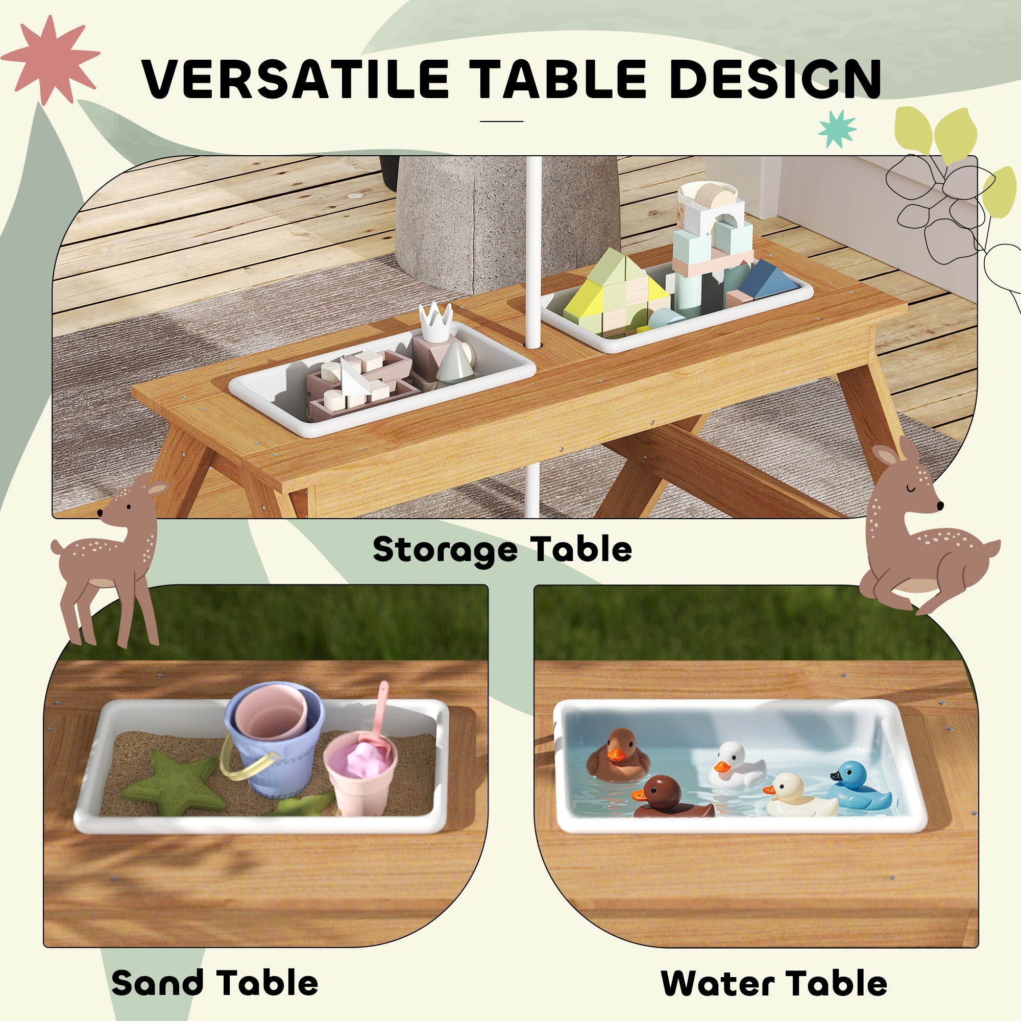 Wooden Outdoor Kids Picnic Table with Removable Umbrella, Children Sand and Water Activity Table for Patio, Mixed Color