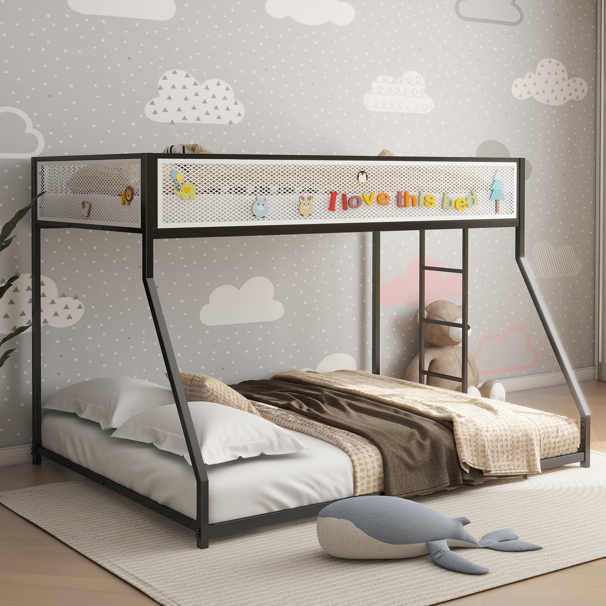 Twin Over Full Bunk Metal Bed Frame with Mesh Guard Rail, Adjustable Ladder, and Noise-Reducing EVA Pad, for Kids Bedrooms, Black