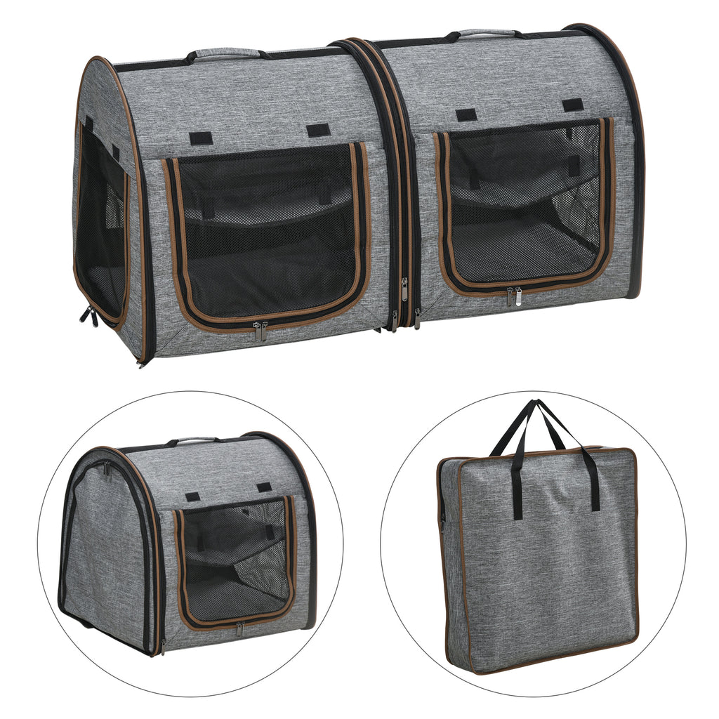 39" Portable Soft-Sided Pet Cat Carrier with Divider, Two Compartments, Soft Cushions, & Storage Bag, Gray