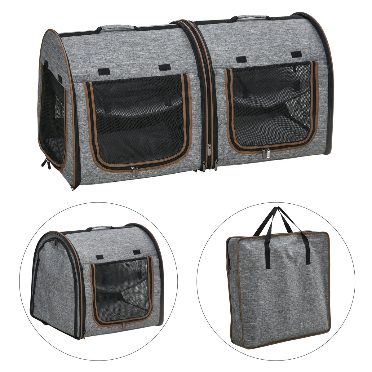 39" Portable Soft-Sided Pet Cat Carrier with Divider, Two Compartments, Soft Cushions, & Storage Bag, Gray
