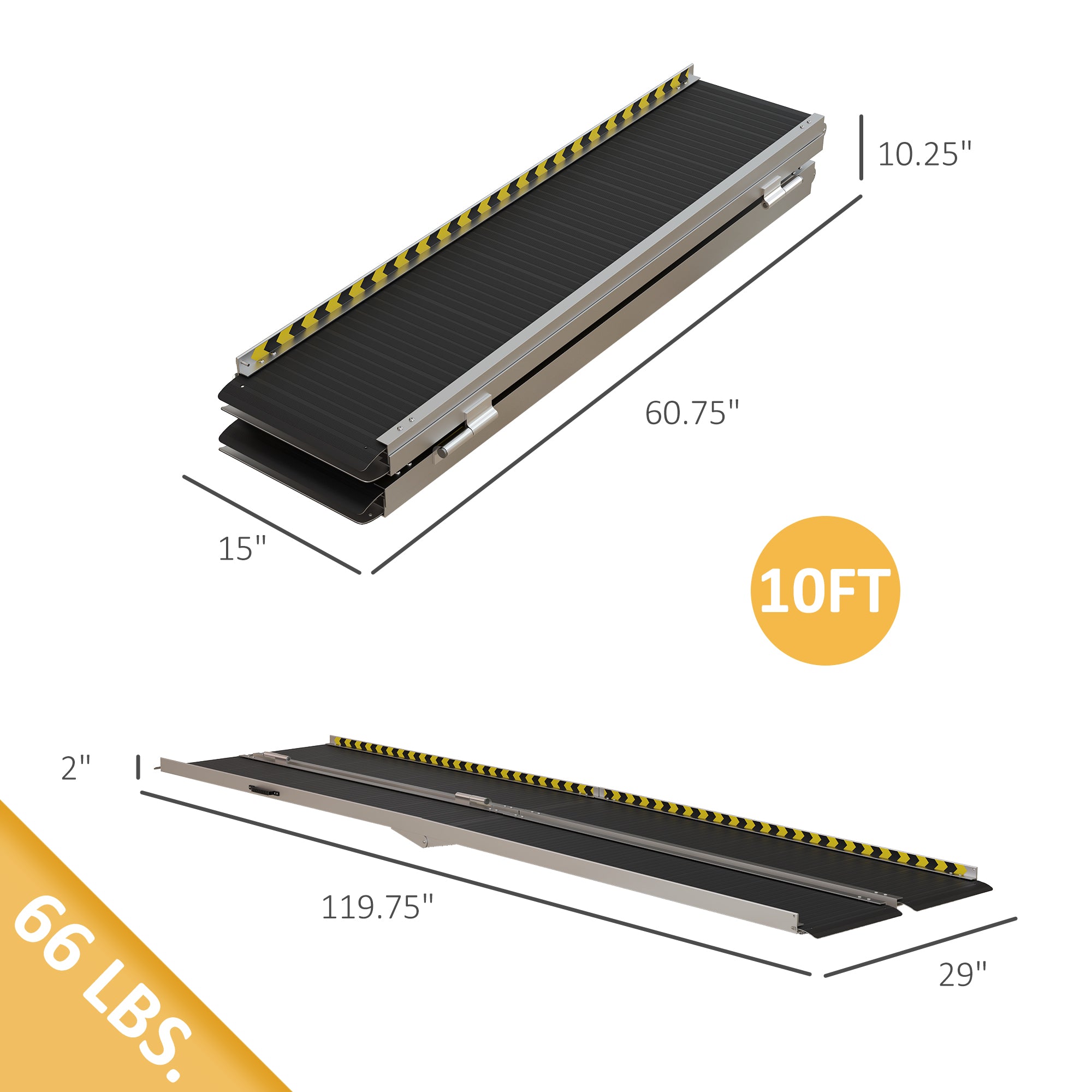 Wheelchair Ramp, 10FT Foldable Threshold Ramp, Aluminum Handicap Ramp with Non-Slip Surface, Transition Plates Above and Below for Home, Doorways, Steps, 600lbs Capacity