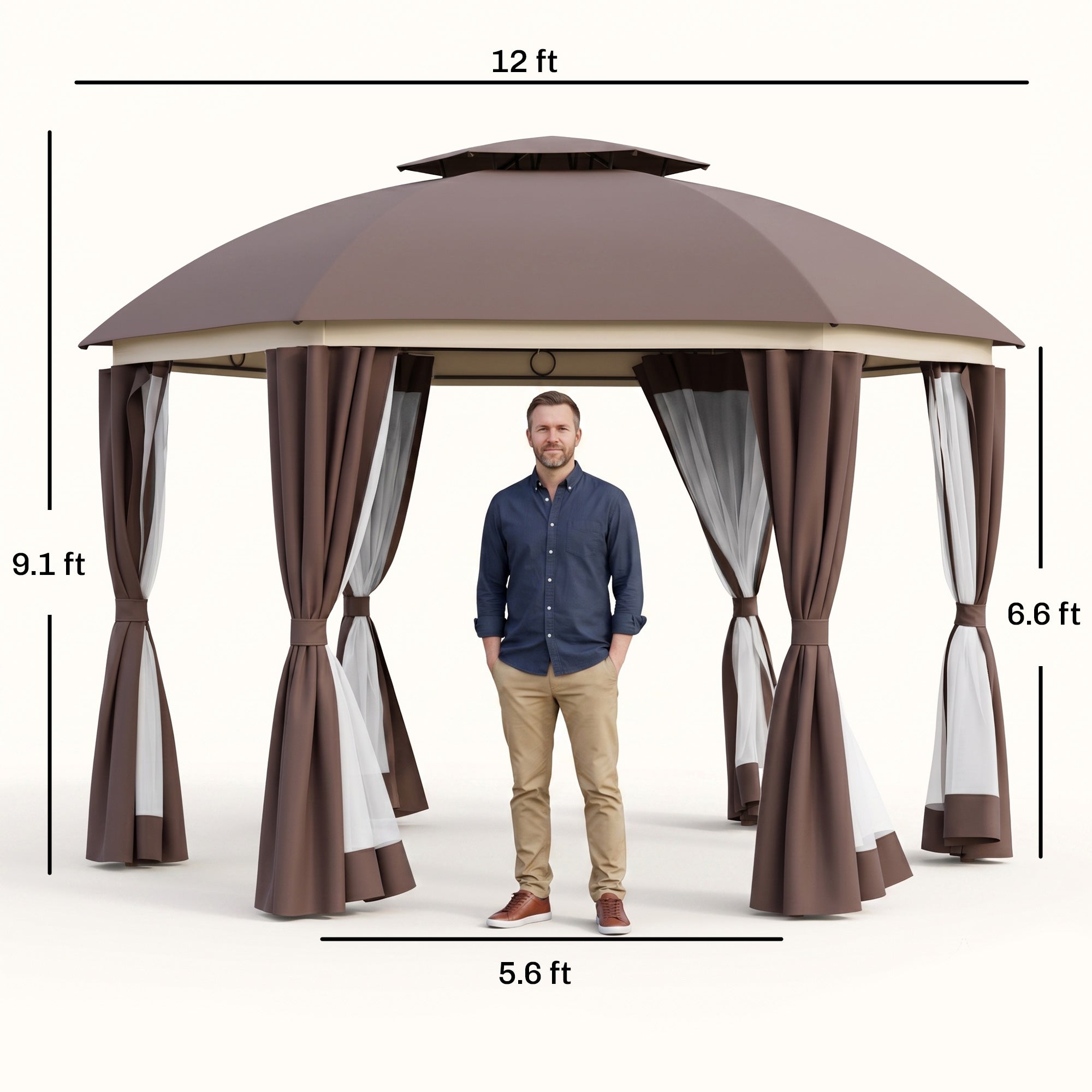 12' x 12' Round Outdoor Gazebo, Patio Dome Gazebo Canopy Shelter with Double Roof, Netting Sidewalls and Curtains, Zippered Doors, Strong Steel Frame, Brown