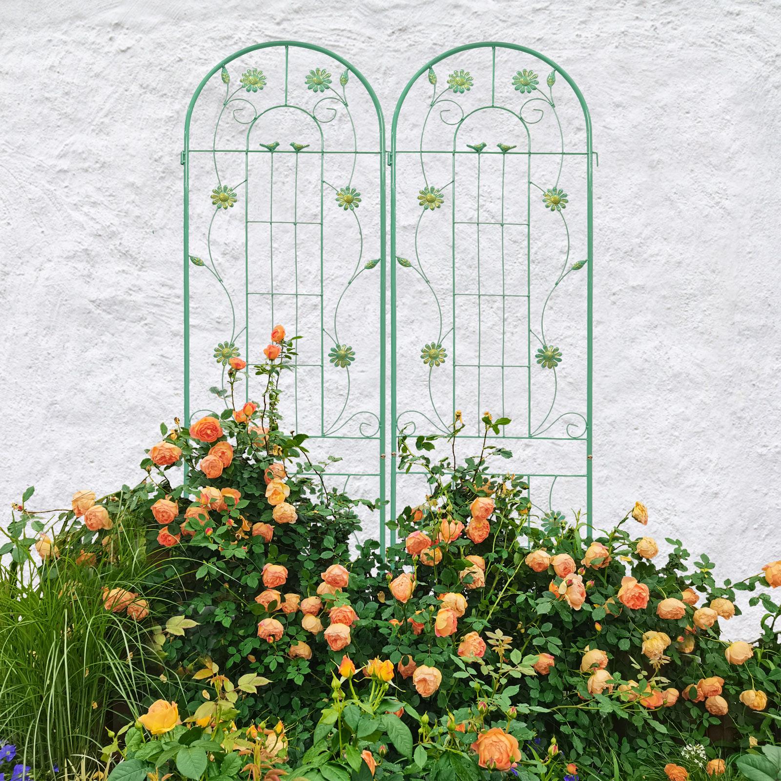 4 Pack Metal Garden Trellis with Bird and Flower Decorations, Rustproof Climbing Plant Support, 87" Tall for Outdoor Flowers, Green