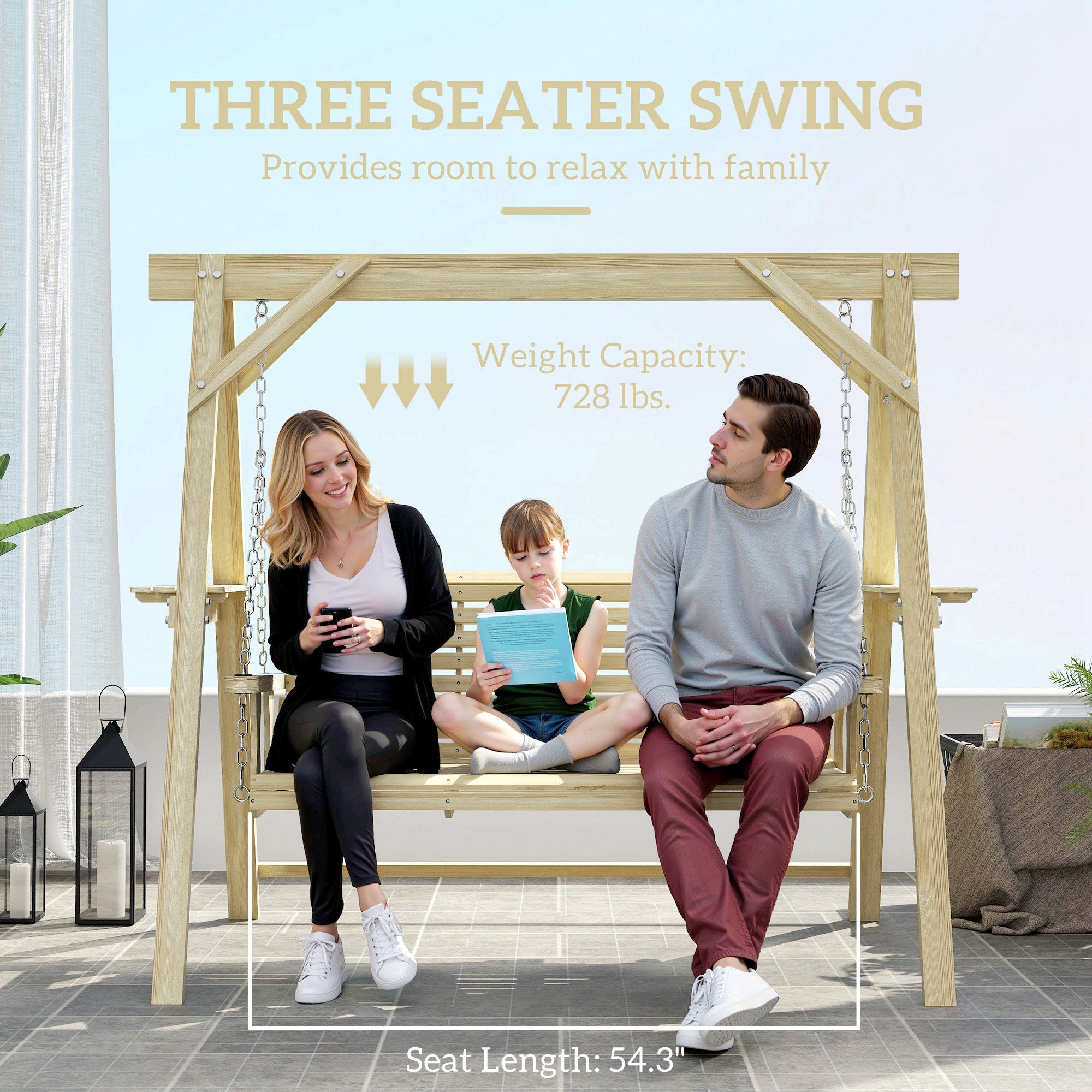 3 Seat Wooden Porch Swing with Stand, Patio Swing with Side Tables, for Garden, Poolside, Backyard, Natural Wood