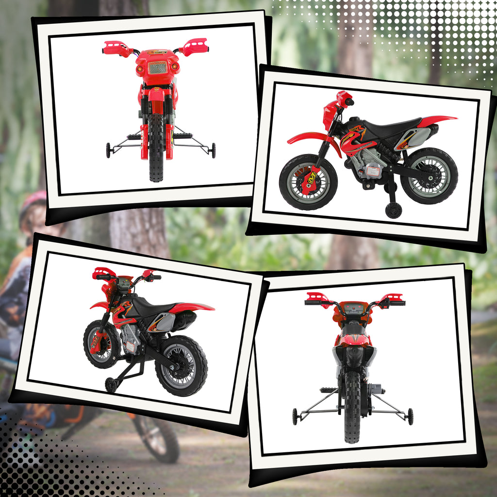 6V Kids Motorcycle, Electric Motorcycle with Dirt Bike Style, Street Bike Design Battery Powered Ride On Toy with Training Wheels, Headlight, Music, Ages 5-8, Red