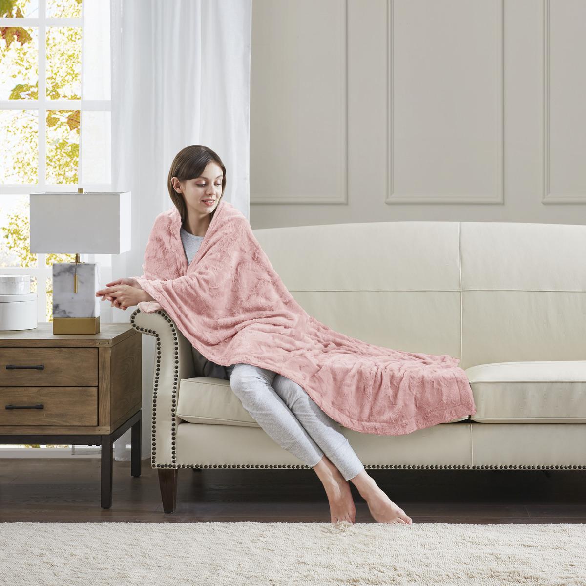 Oversized Faux Fur Throw with Solid Mink Reverse, Machine Washable, Luxuriously Soft Blanket for Bedroom, 70" L x 60" W x 0.25" H, Blush