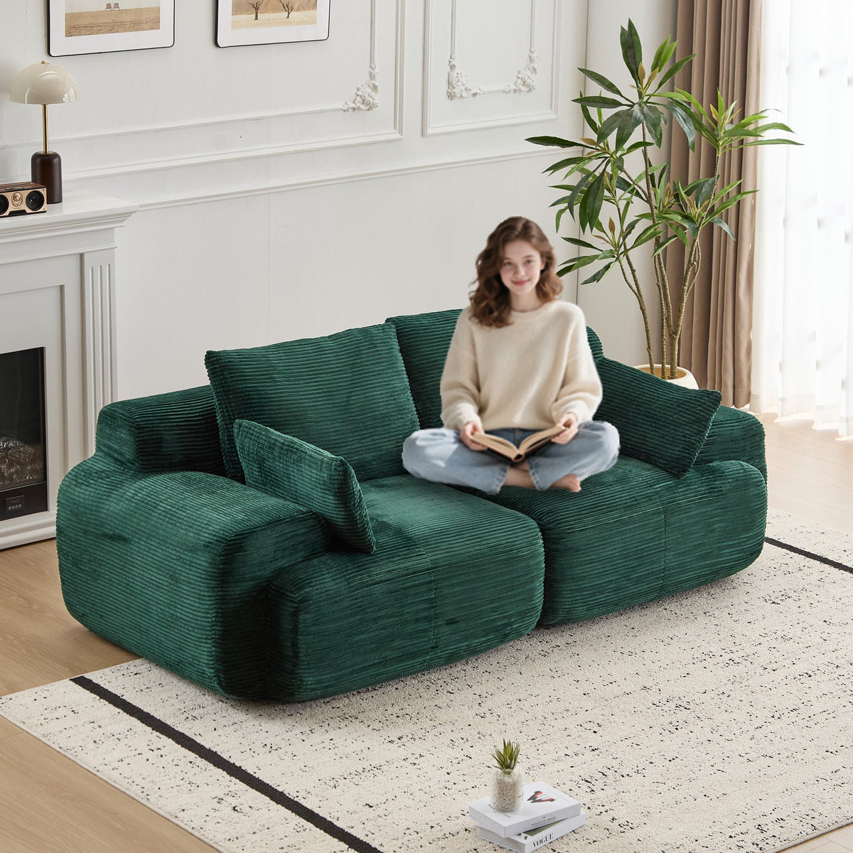 Compressed Sofa 2-Seater Modern Memory Foam Sofa with Pet-Friendly Corduroy Fabric, Two Seater Couch Sectional for Living Room, 84" L x 41" W x 28.5" H, Green