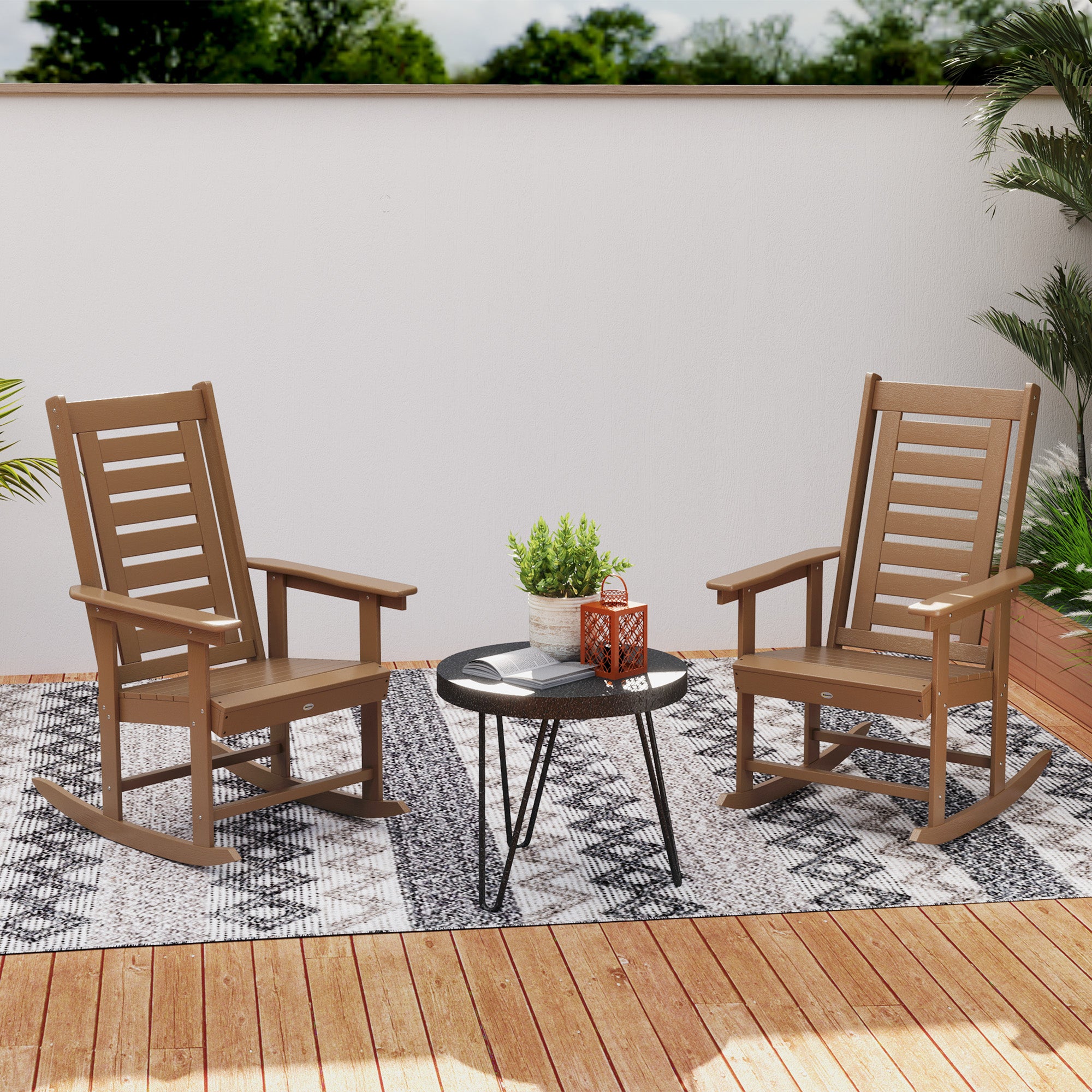 2 Pieces Outdoor Rocking Chairs, HDPE Patio Rockers with 28" High Back, Wide Armrests for Porch Backyard, Brown