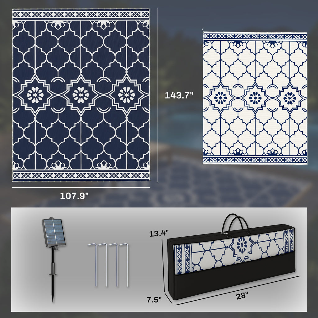 Reversible Outdoor Rug Carpet with LED Lights, 12' x 9' PP Straw Rug with Carry Bag and Ground Stakes