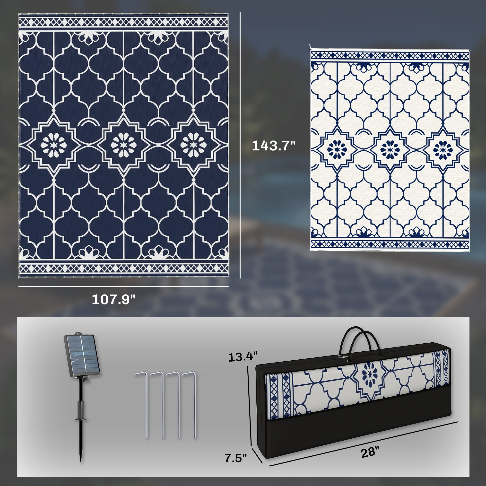 Reversible Outdoor Rug Carpet with LED Lights, 12' x 9' PP Straw Rug with Carry Bag and Ground Stakes