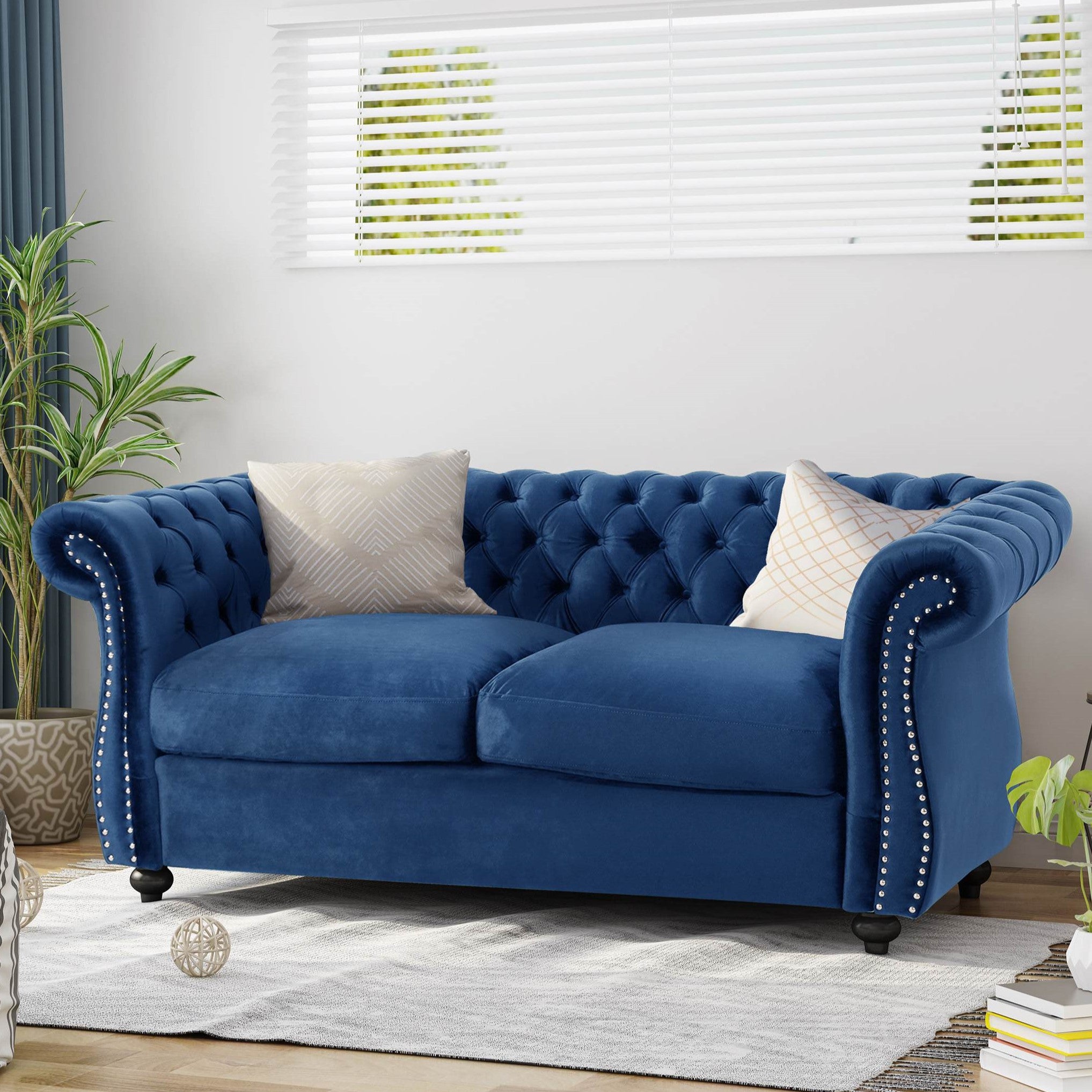 Chesterfield Loveseat Sofa, Deep Button Tufting, Rolled Arms, Nailhead Accents, 62" W x 34" D x 28" H, Navy Blue