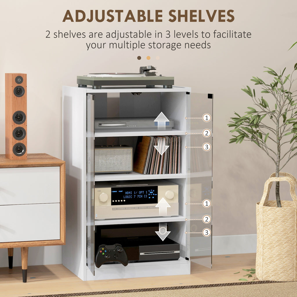 4-Tier Media Cabinet, Media Stand with Adjustable Shelves, Tempered Glass Doors, and Cable Management, Distressed White