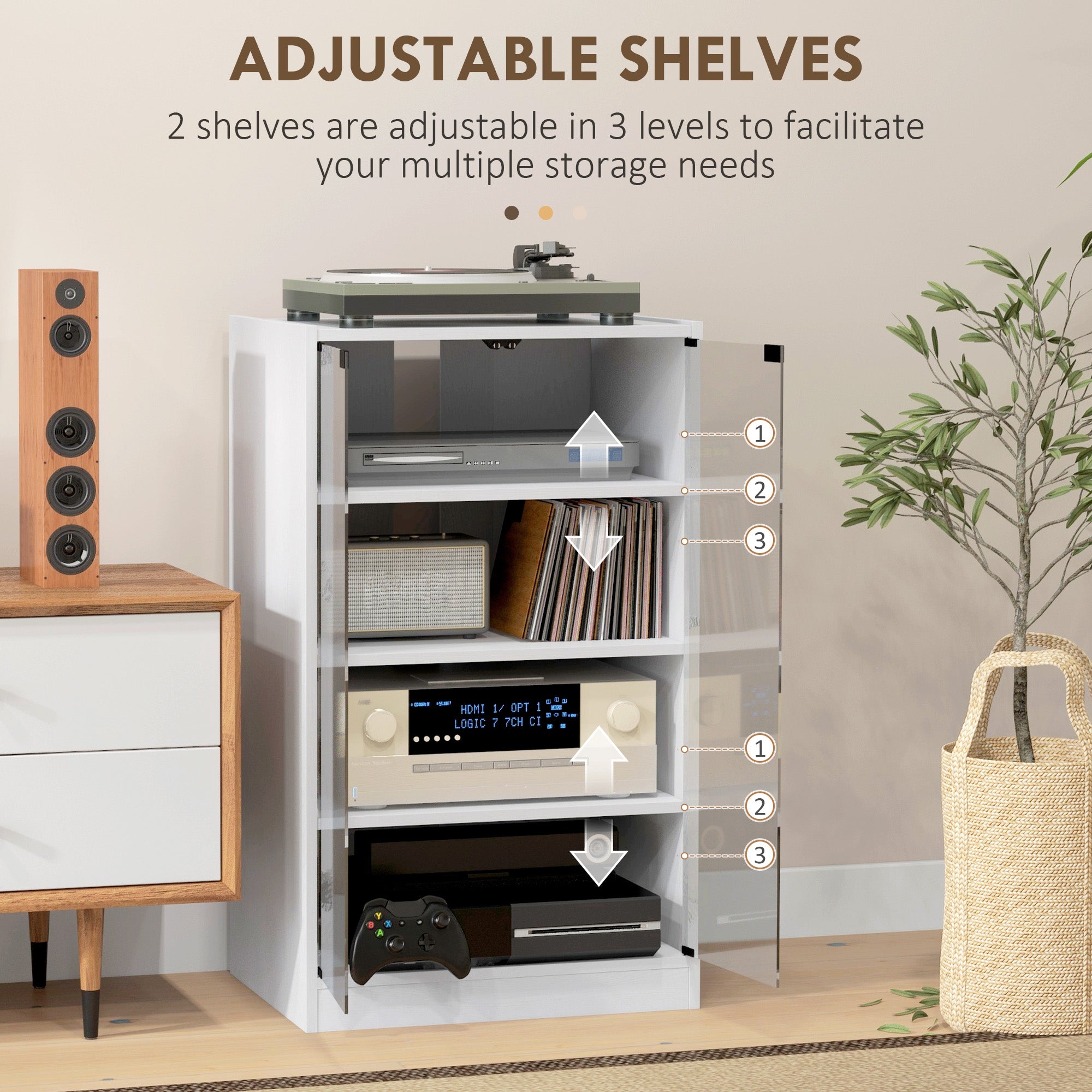 4-Tier Media Cabinet, Media Stand with Adjustable Shelves, Tempered Glass Doors, and Cable Management, Distressed White