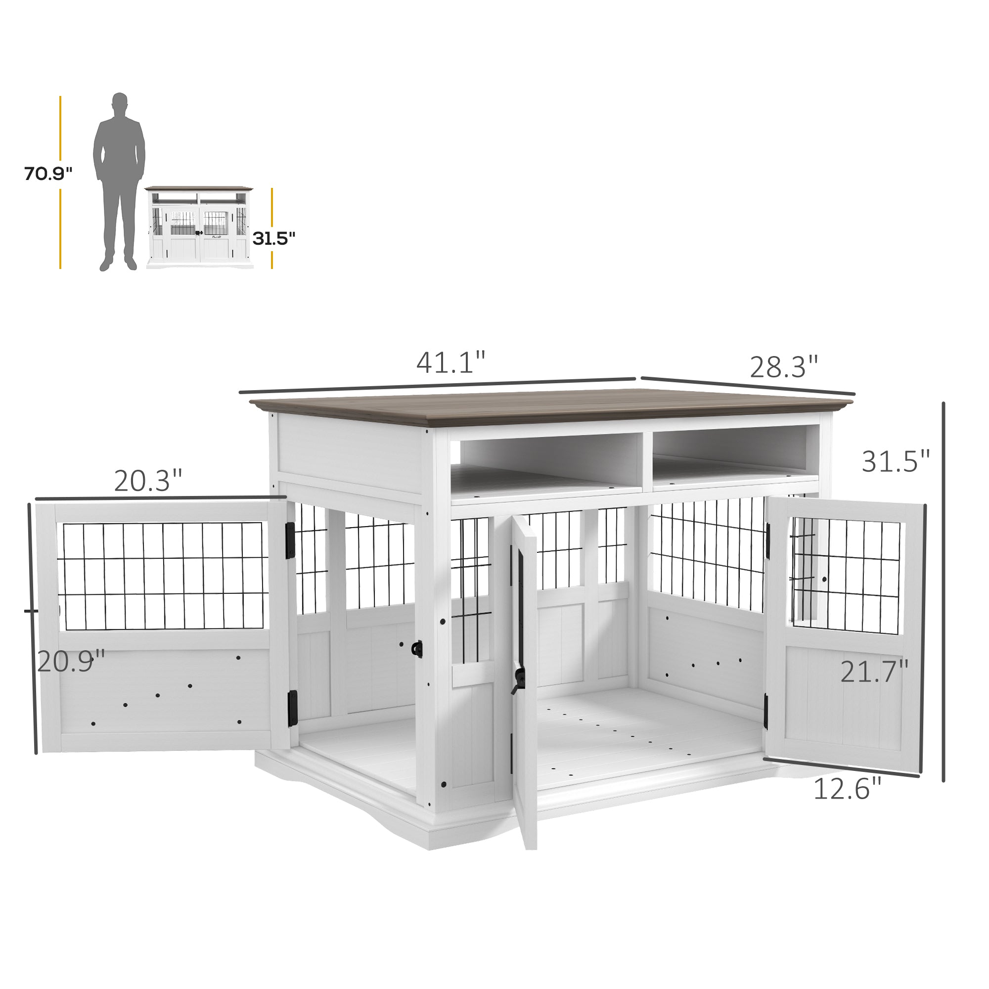 Dog Kennel Furniture Side End Table with Storage, Double Doors for Small and Medium Dogs, White