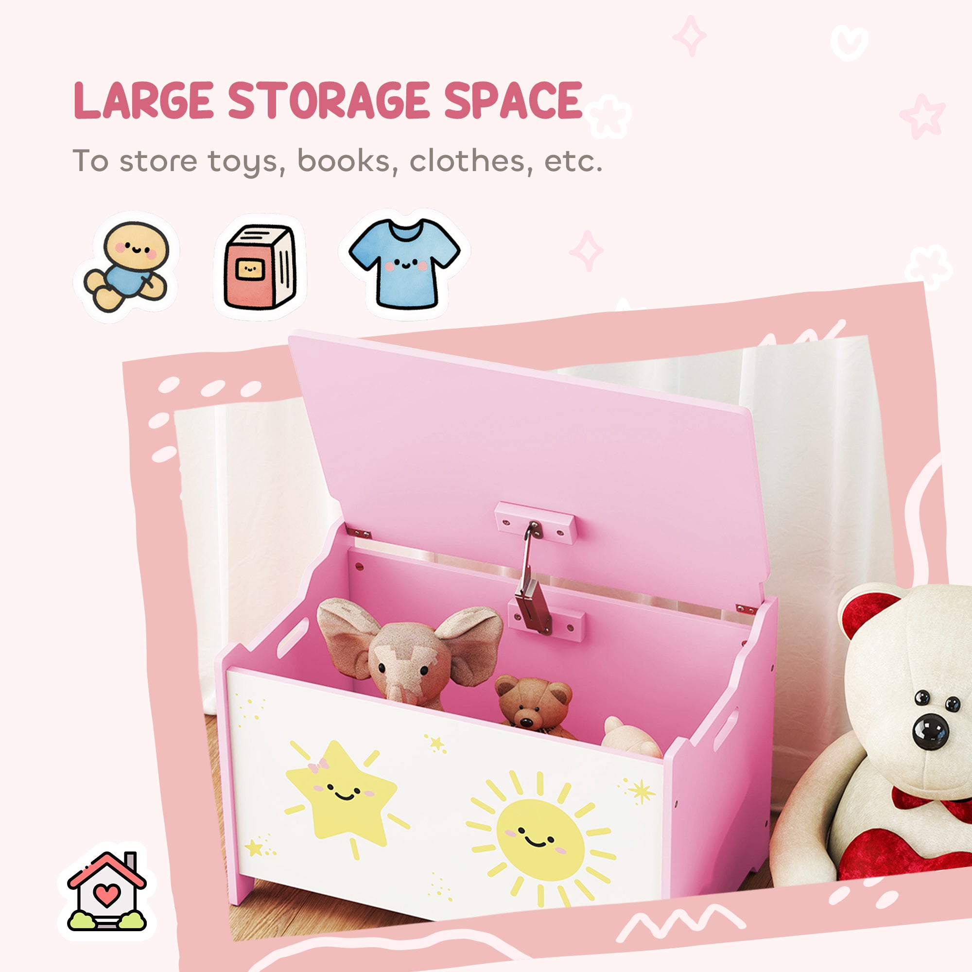 Toy Box with Lid, Safety Hinges and Groove Handles, Toy Storage Organizer for Kids, Living Room, Playroom, Pink