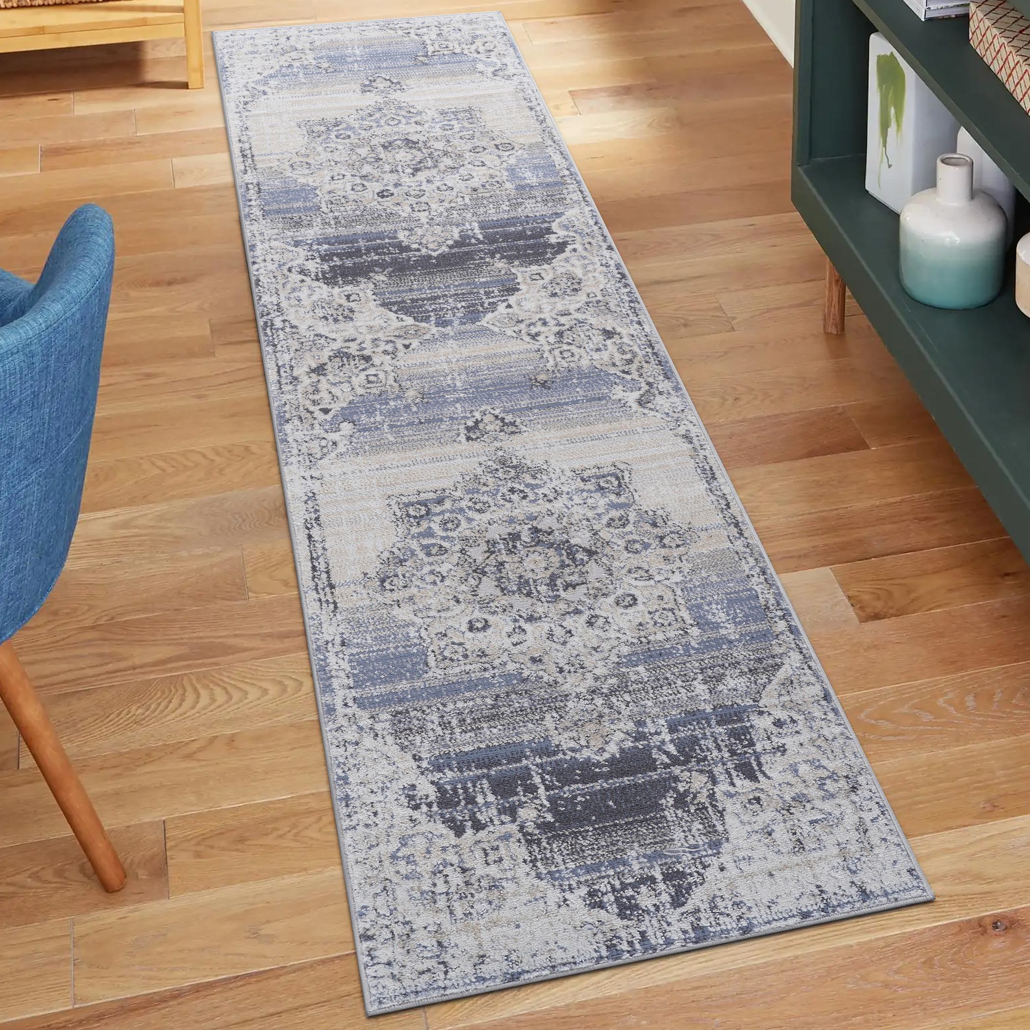 2x8 Stain-Resistant Area Rug with Cotton Backing, Carpet for Living Room, Bedroom, Home Office, 96" L x 26" W x 0.3" H, Cream+Blue